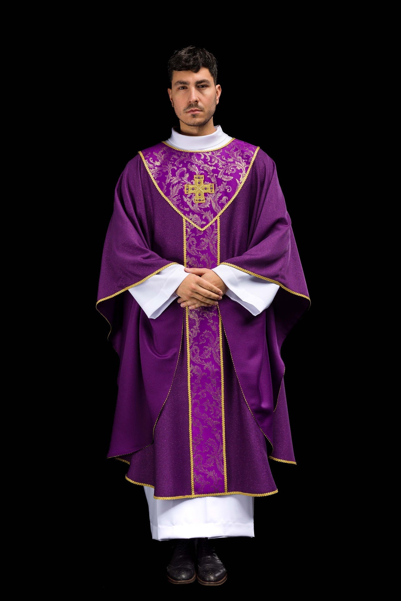 Purple Chasuble with Cross Adorned with Jacquard Fabric LE/7075/03 - CHASUBLES.COM
