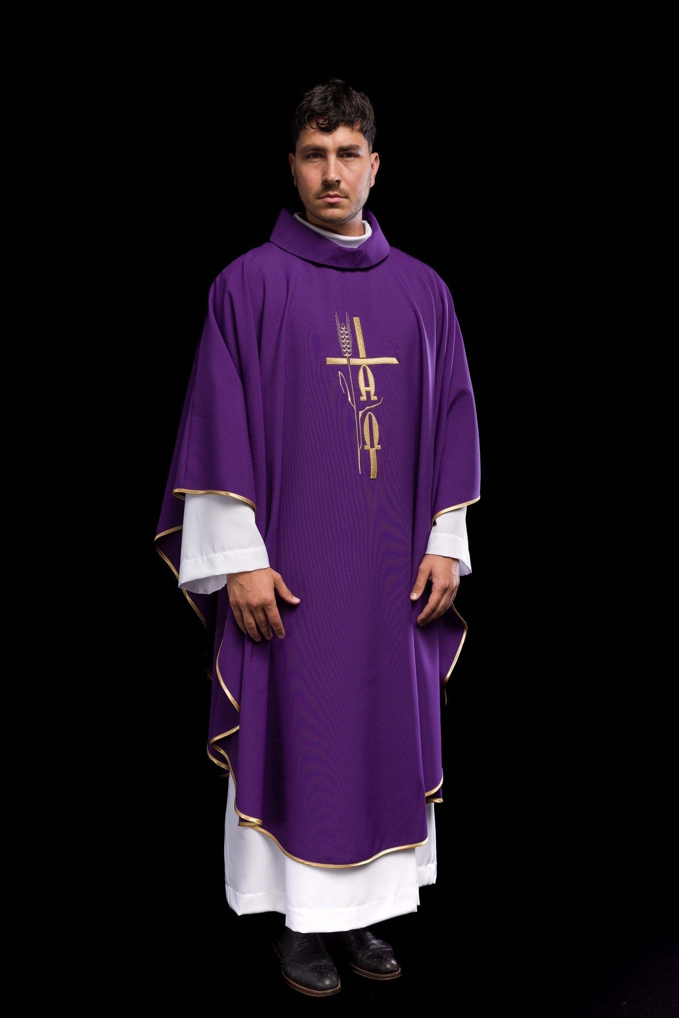 Purple chasuble with cross and alfa omega symbols KOR/013/03/12 FIOLET - HAFTINAUSA.COM