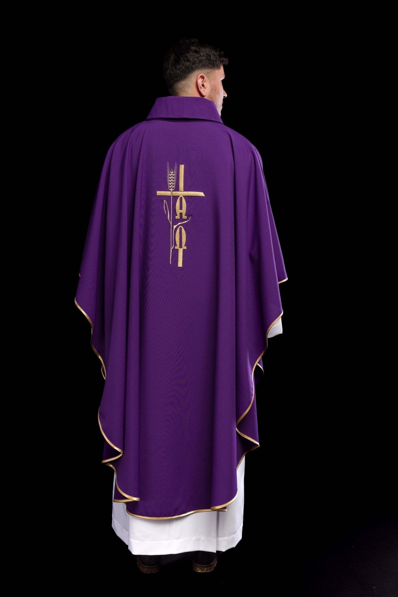 Purple chasuble with cross and alfa omega symbols KOR/013/03/12 FIOLET - HAFTINAUSA.COM