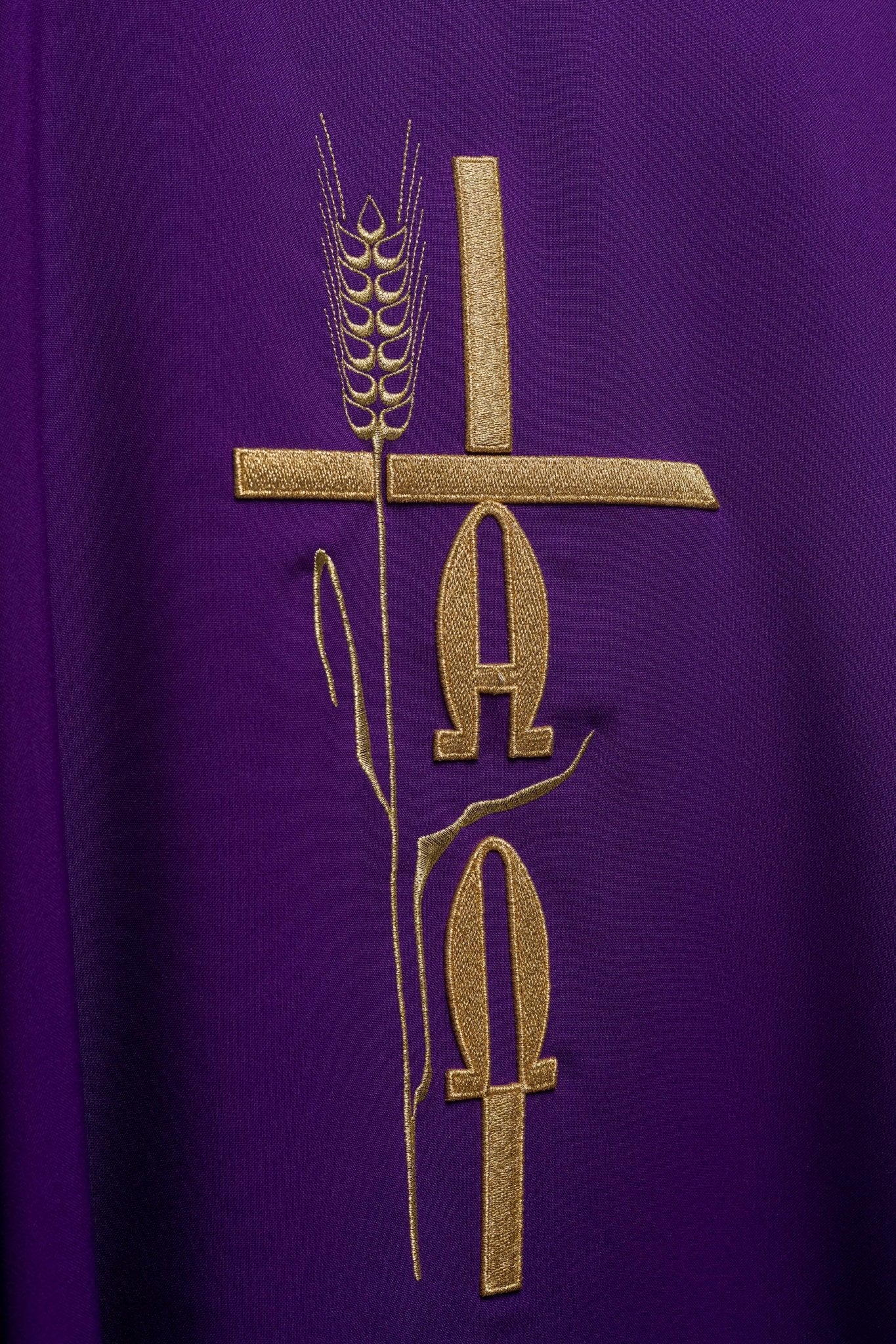 Purple chasuble with cross and alfa omega symbols KOR/013/03/12 FIOLET - HAFTINAUSA.COM