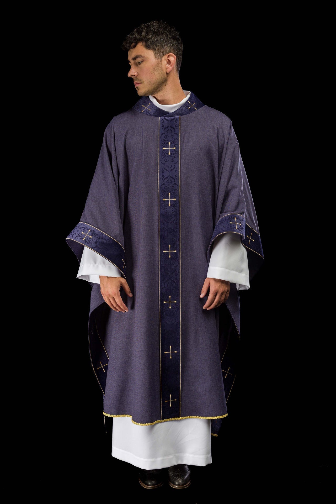 Purple Chasuble with Embroidered Cross Band and Collar LE/7073/03 - CHASUBLES.COM