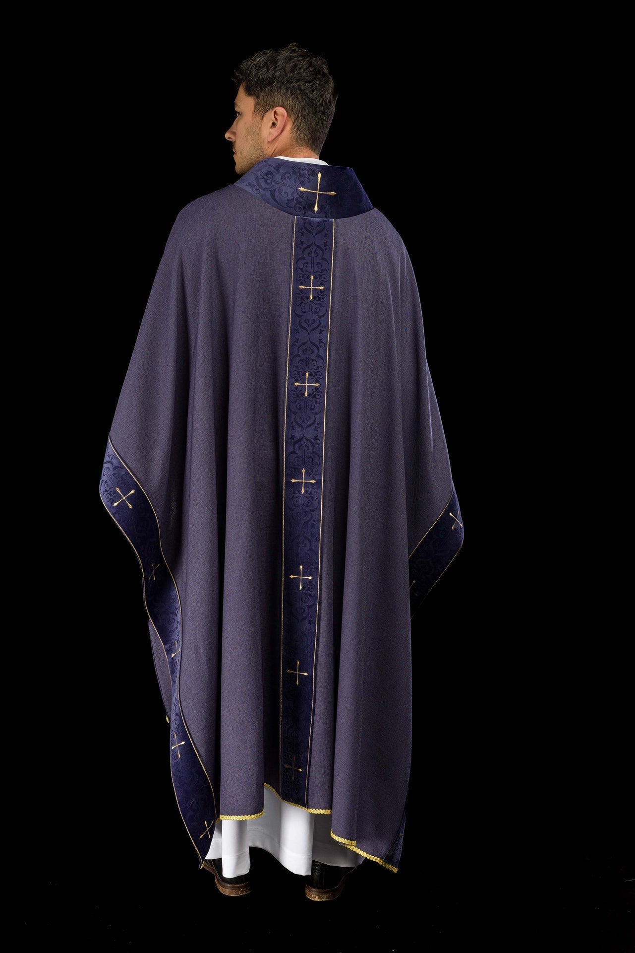 Purple Chasuble with Embroidered Cross Band and Collar LE/7073/03 - CHASUBLES.COM