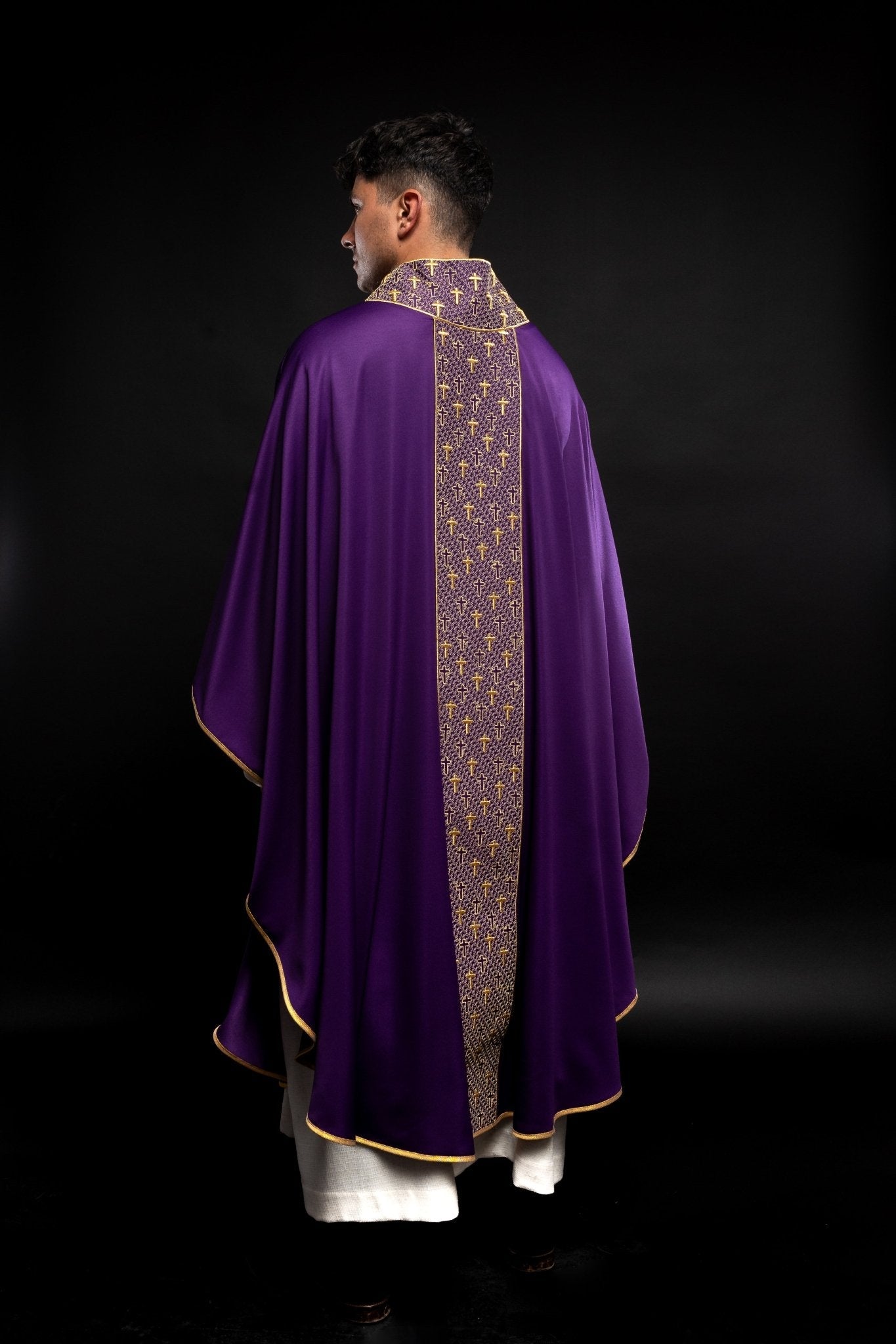 Purple chasuble with gold cross embroidery on wide orphrey and collar S - 7062 - 03 - 53 - HAFTINAUSA.COM