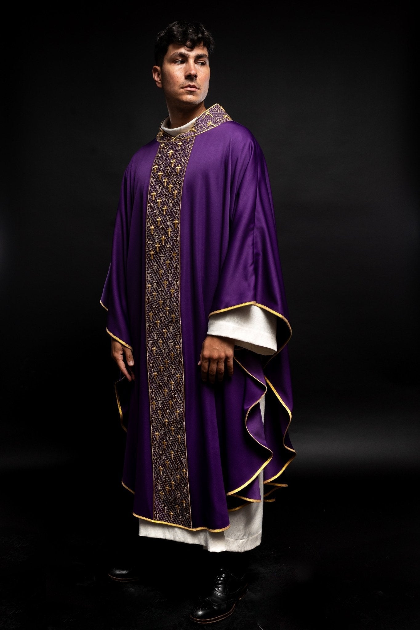 Purple chasuble with gold cross embroidery on wide orphrey and collar S - 7062 - 03 - 53 - HAFTINAUSA.COM