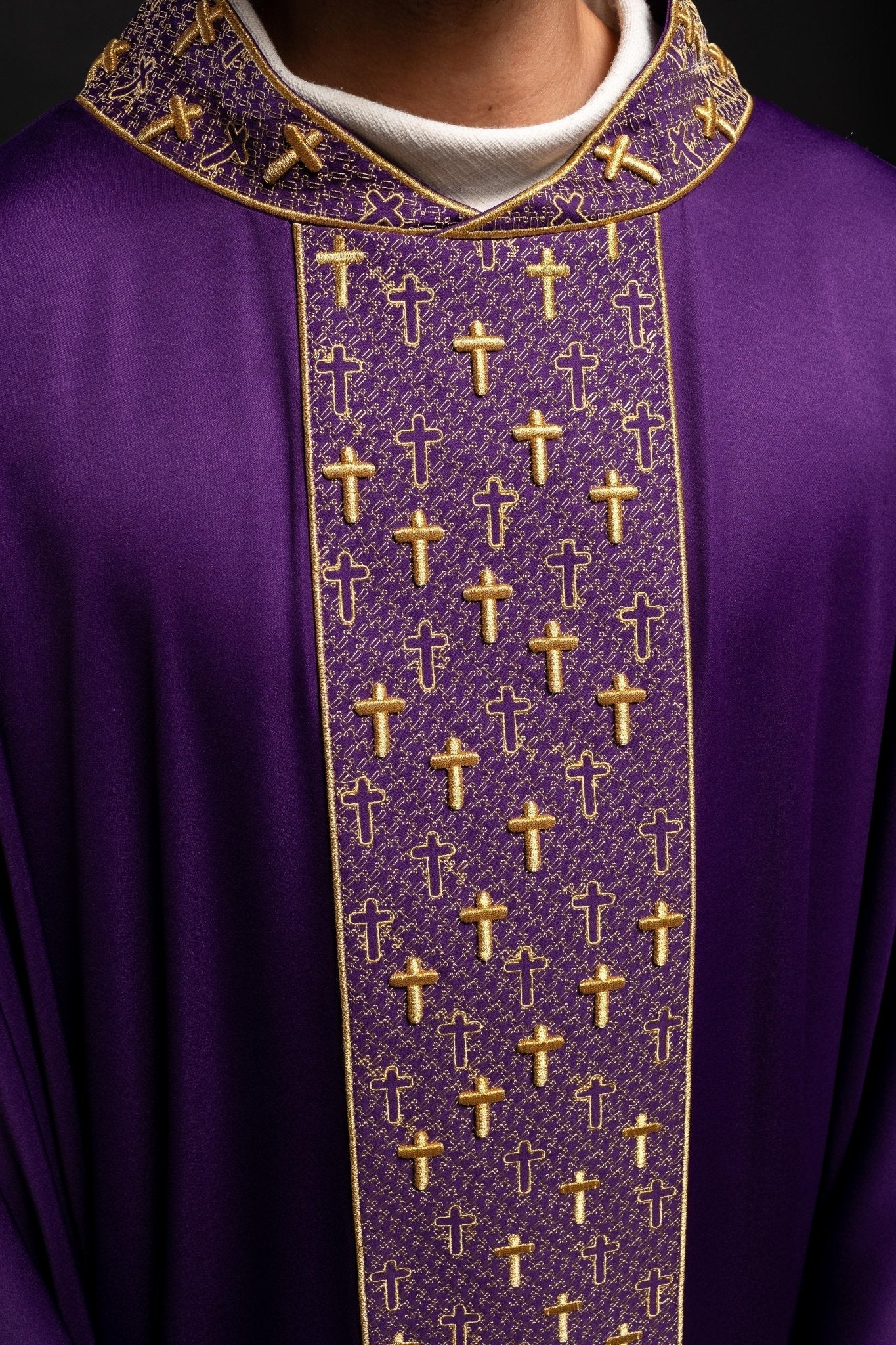 Purple chasuble with gold cross embroidery on wide orphrey and collar S - 7062 - 03 - 53 - HAFTINAUSA.COM