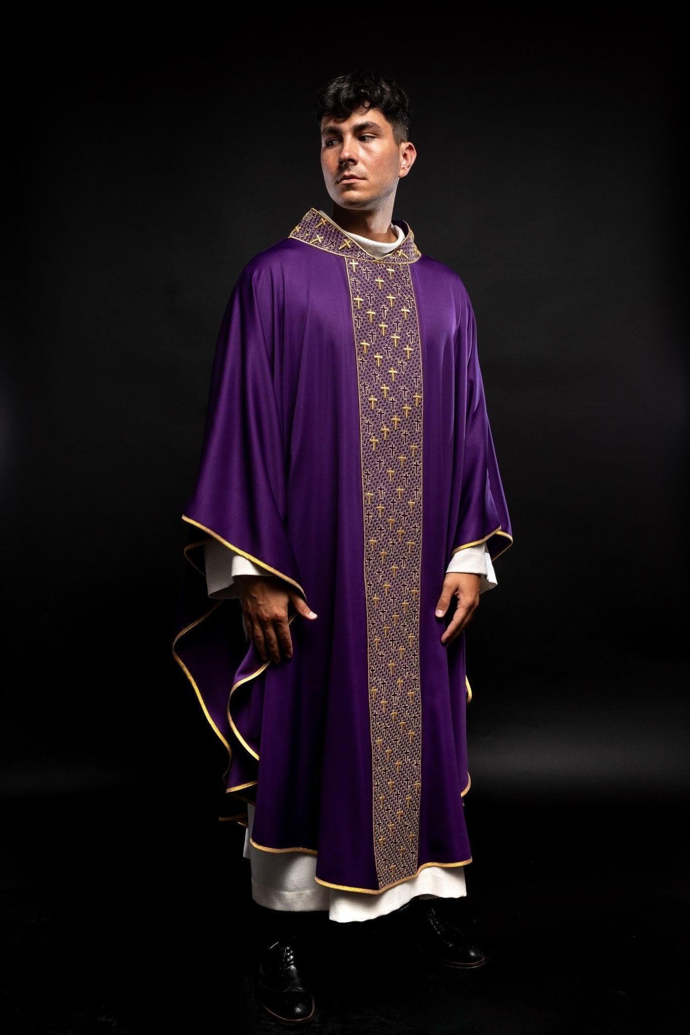Purple chasuble with gold cross embroidery on wide orphrey and collar S - 7062 - 03 - 53 - HAFTINAUSA.COM