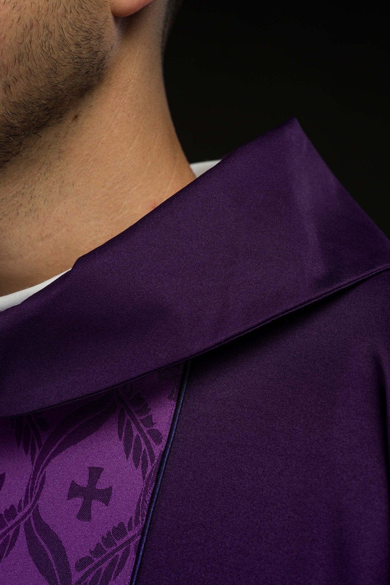 Purple Chasuble with Jacquard Orphrey Featuring Cross Motifs KOR/402/03/53 - CHASUBLES.COM