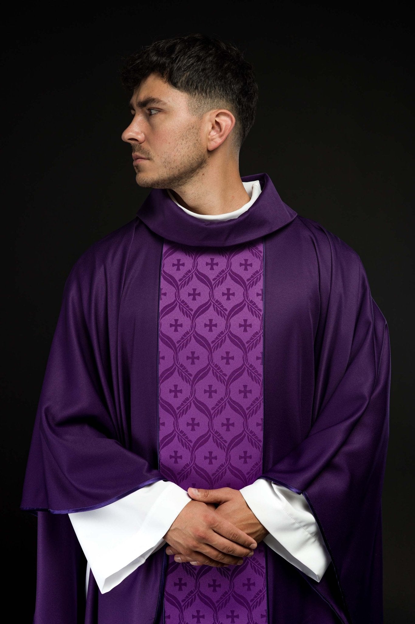 Purple Chasuble with Jacquard Orphrey Featuring Cross Motifs KOR/402/03/53 - CHASUBLES.COM