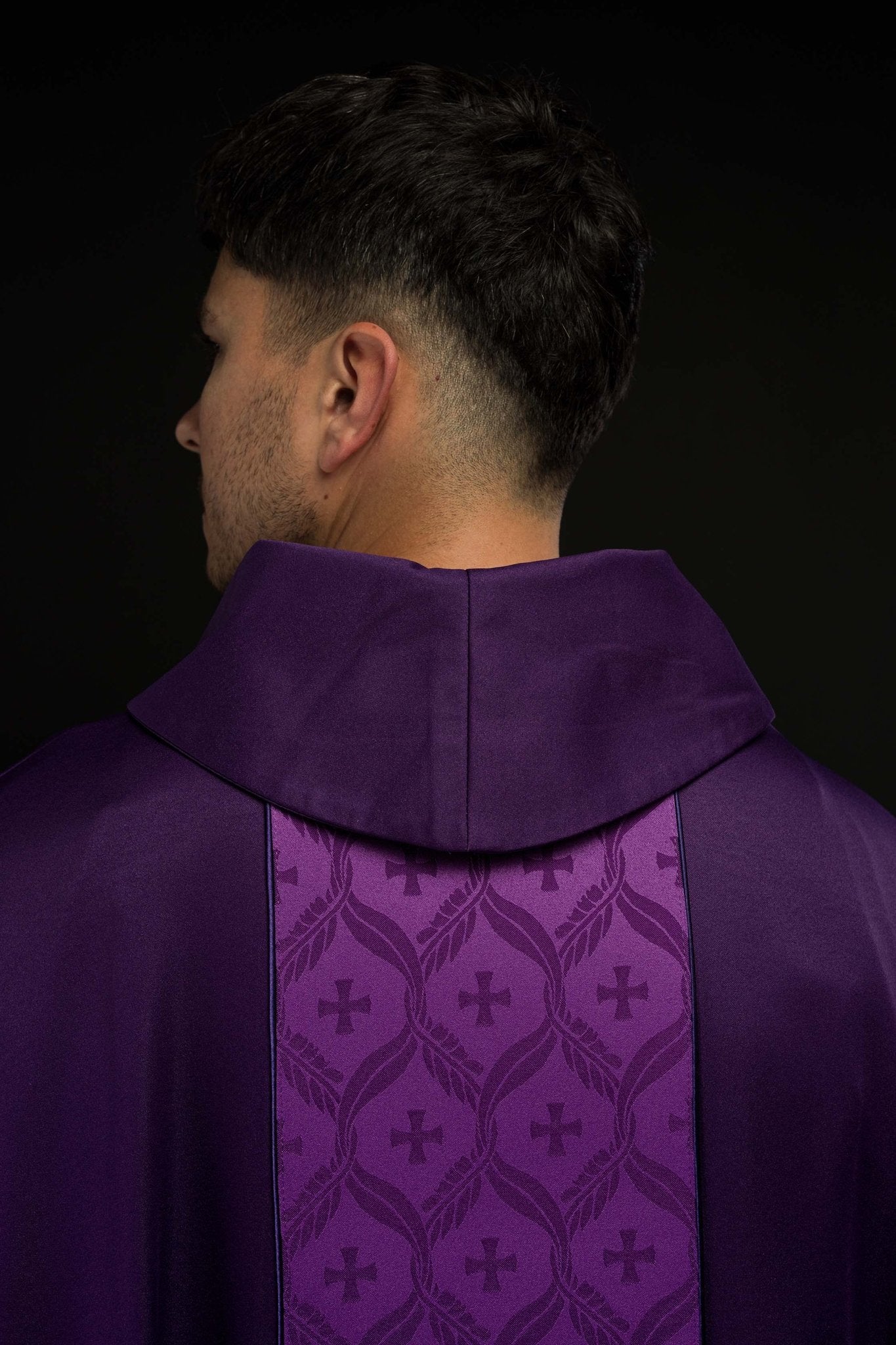 Purple Chasuble with Jacquard Orphrey Featuring Cross Motifs KOR/402/03/53 - CHASUBLES.COM