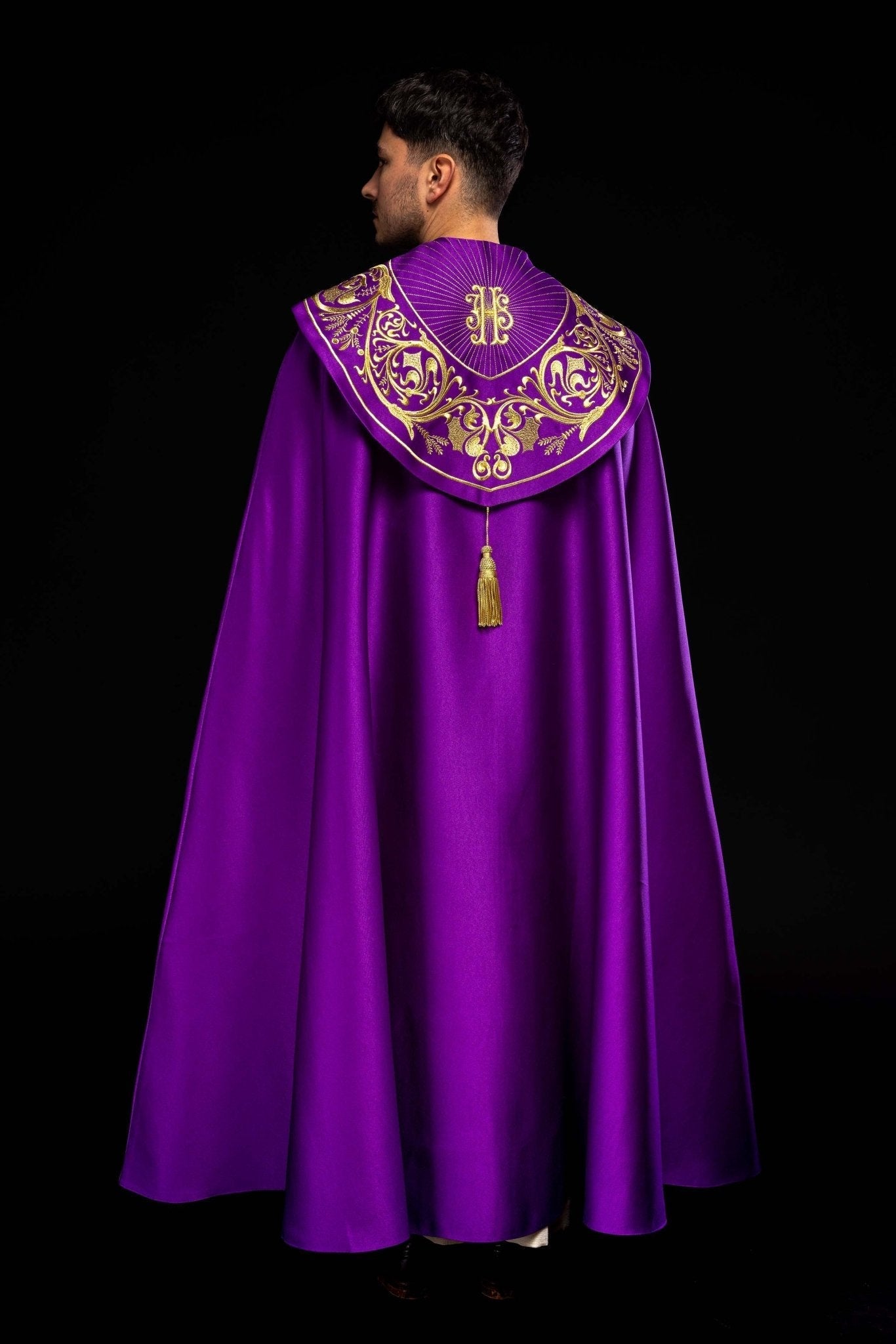 Purple church cope with gold IHS monogram KKP/009/03/20 FIOLET SAT. POMPON 145 cm - HAFTINAUSA.COM
