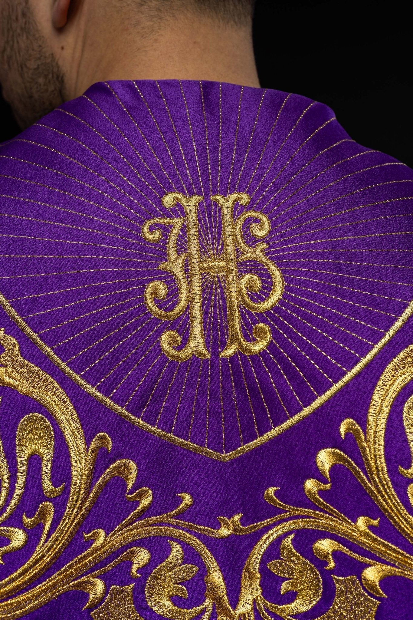 Purple church cope with gold IHS monogram KKP/009/03/20 FIOLET SAT. POMPON 145 cm - HAFTINAUSA.COM