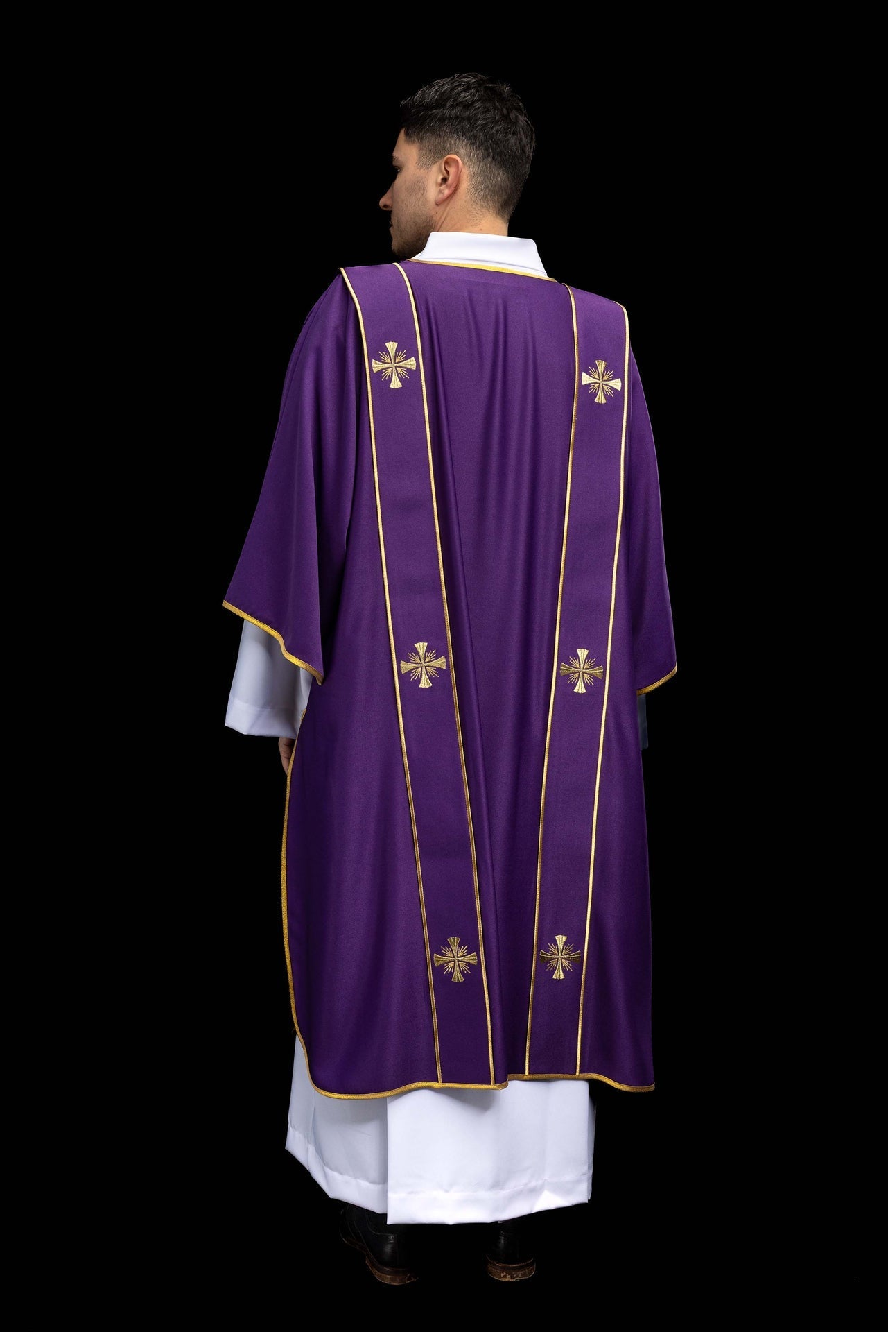 Purple dalmatic with bands and embroidered gold crosses KDL/285/03/53/B - CHASUBLES.COM