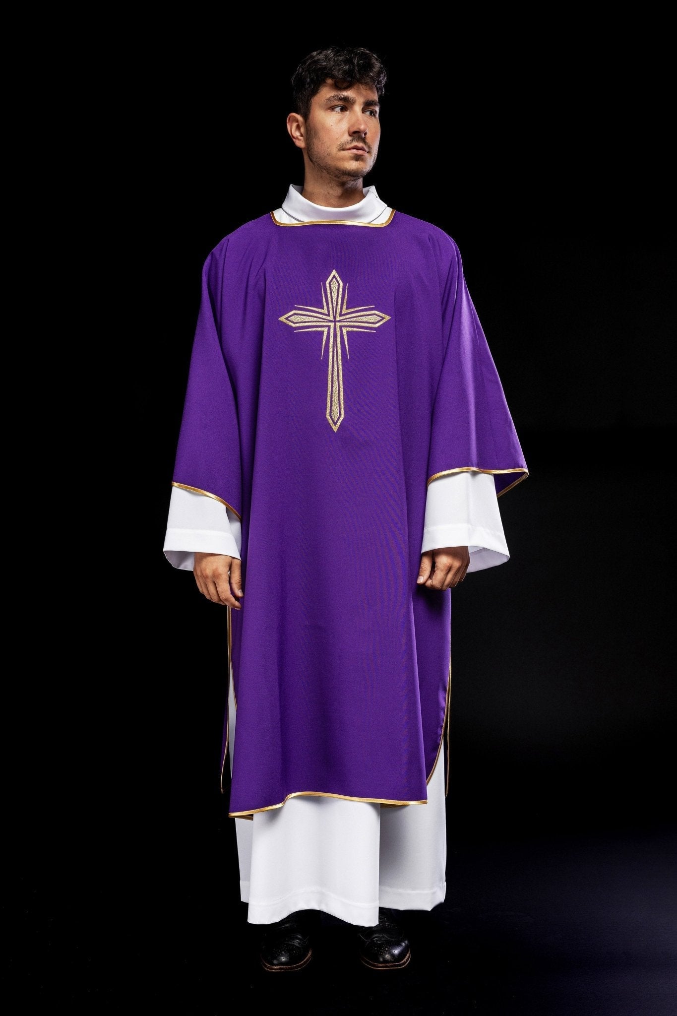 Purple dalmatic with embroidered gold cross KDL/037/03/12/D - HAFTINAUSA.COM