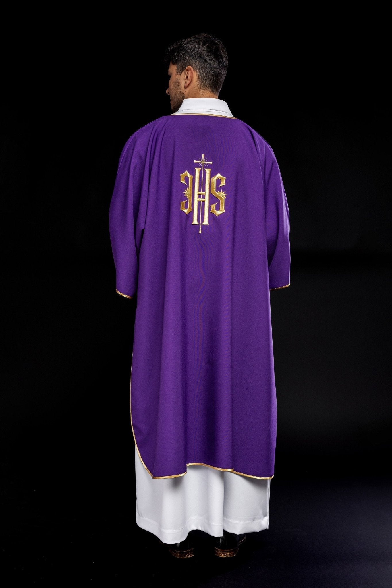 Purple Dalmatic with Embroidered Gold IHS KDL/215/03/12/D - HAFTINAUSA.COM