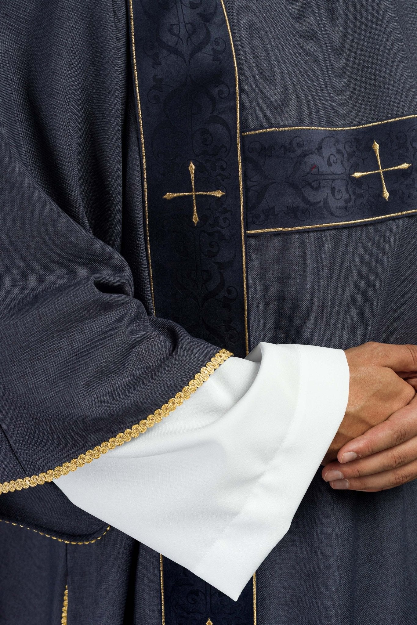 Purple dalmatic with velvet bands and embroidered golden crosses LE/1073/03/B - CHASUBLES.COM
