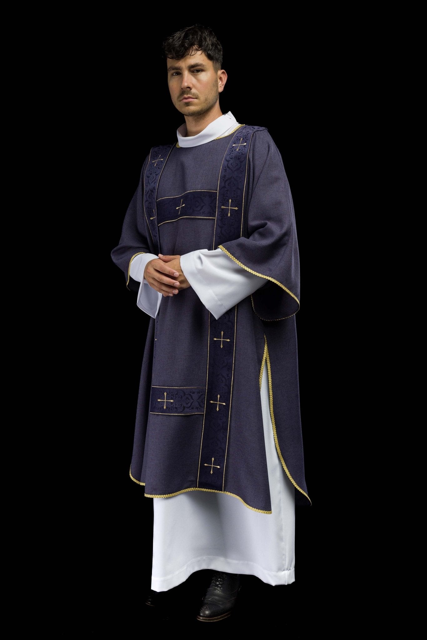 Purple dalmatic with velvet bands and embroidered golden crosses LE/1073/03/B - CHASUBLES.COM