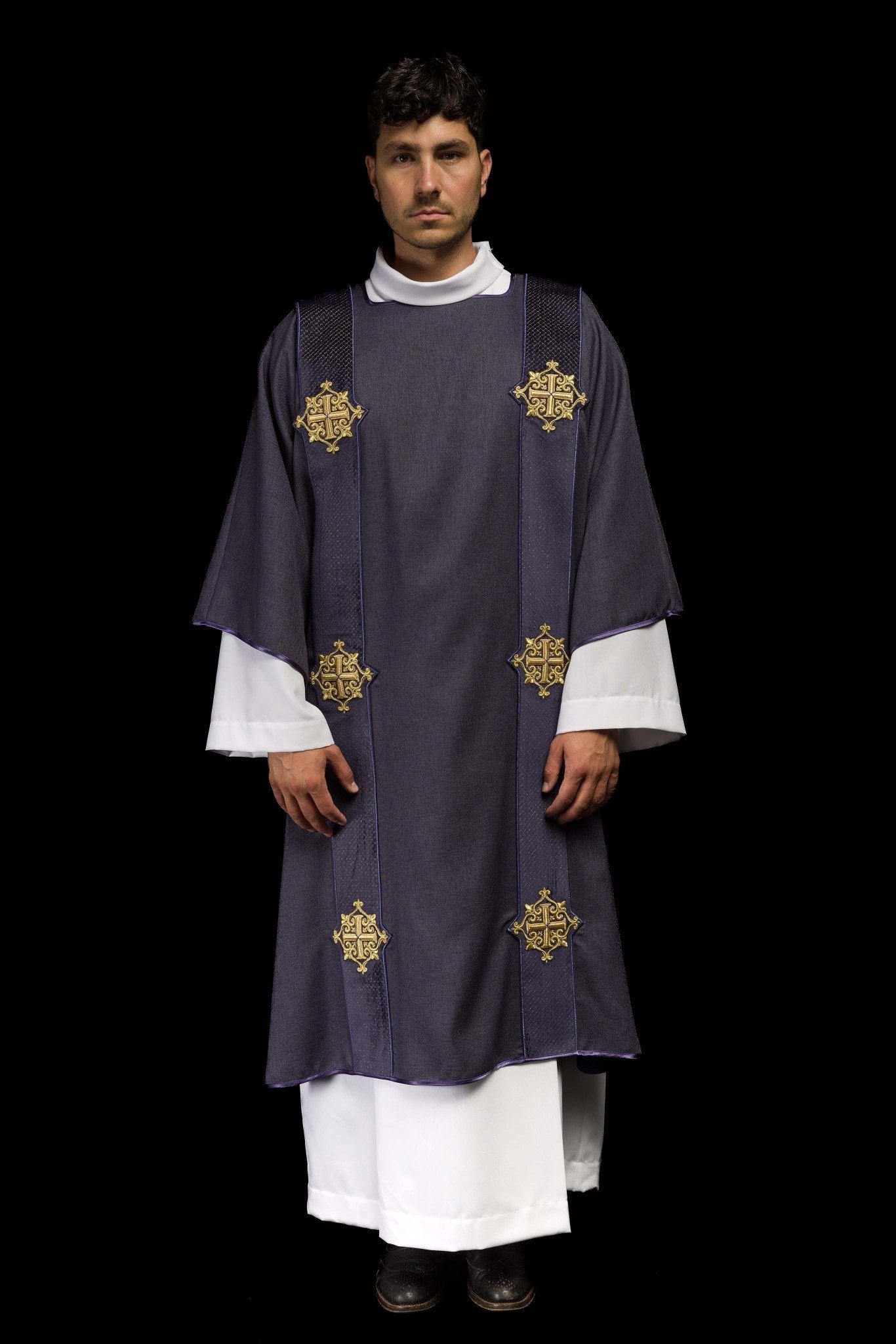 Purple Dalmatic with Velvet Orphreys and Cross Symbols LE/1030/03/B - CHASUBLES.COM