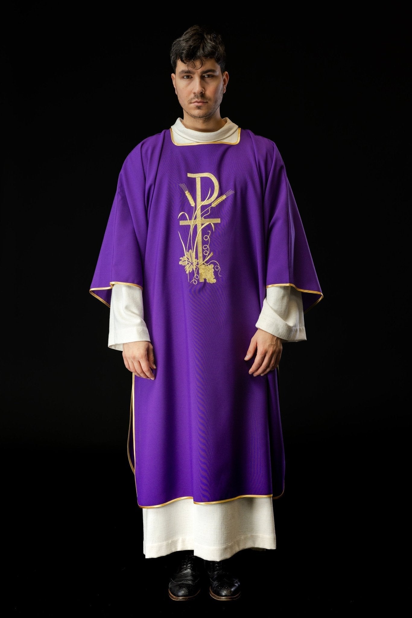 Purple dalmatica with gold Pax cross embroidery KDL/026/03/12/D FIOLET DALMATYK - HAFTINAUSA.COM