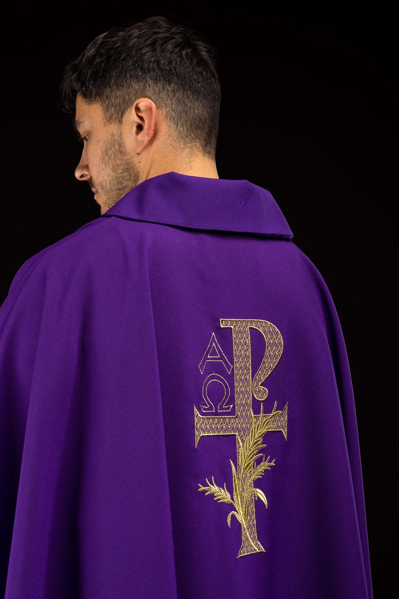 Purple embroidered chasuble with Alpha and Omega symbol and wide collar KOK/004/03/12/KARO - CHASUBLES.COM