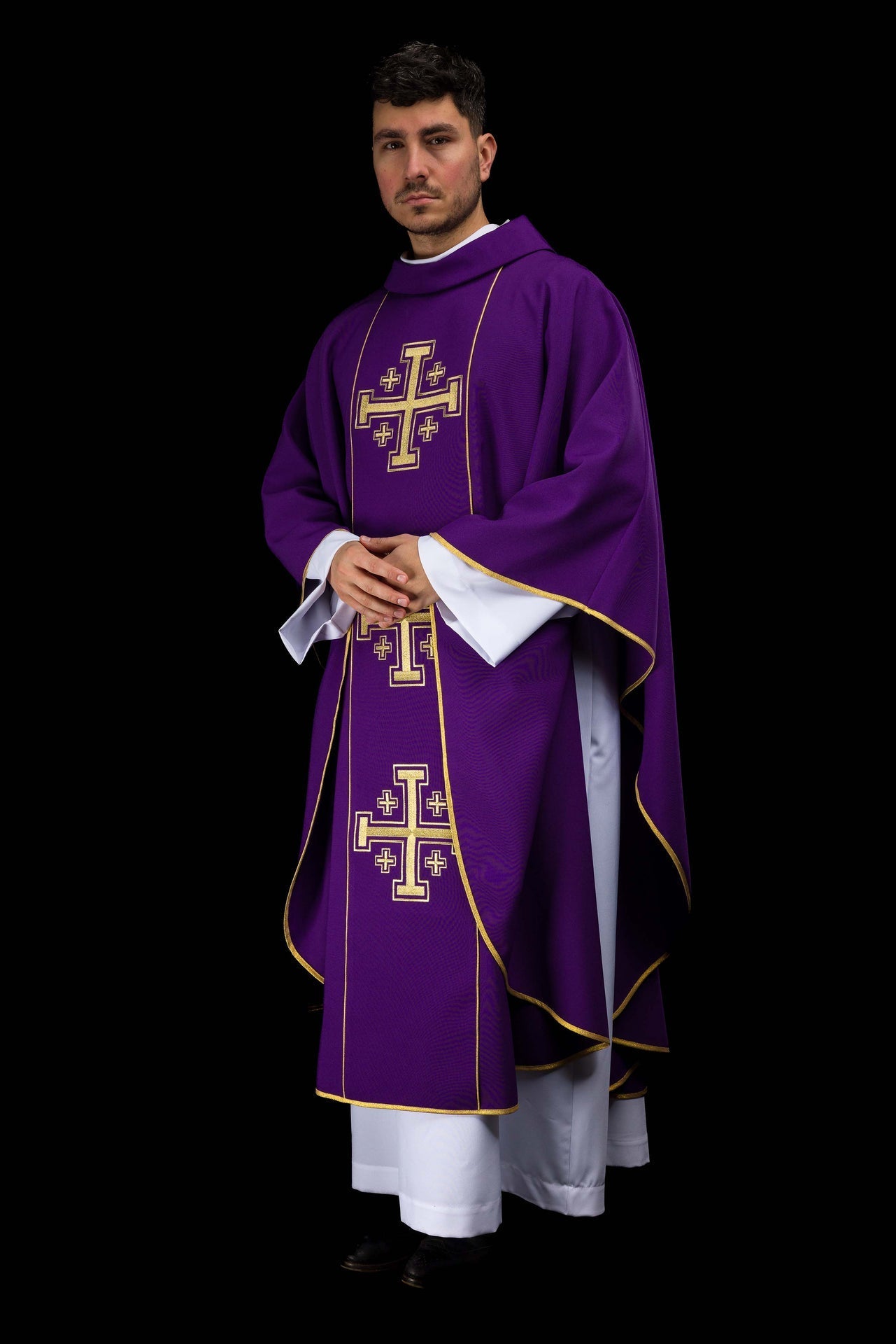 Purple embroidered chasuble with band and Jerusalem crosses KDT/7046/03/01 - CHASUBLES.COM