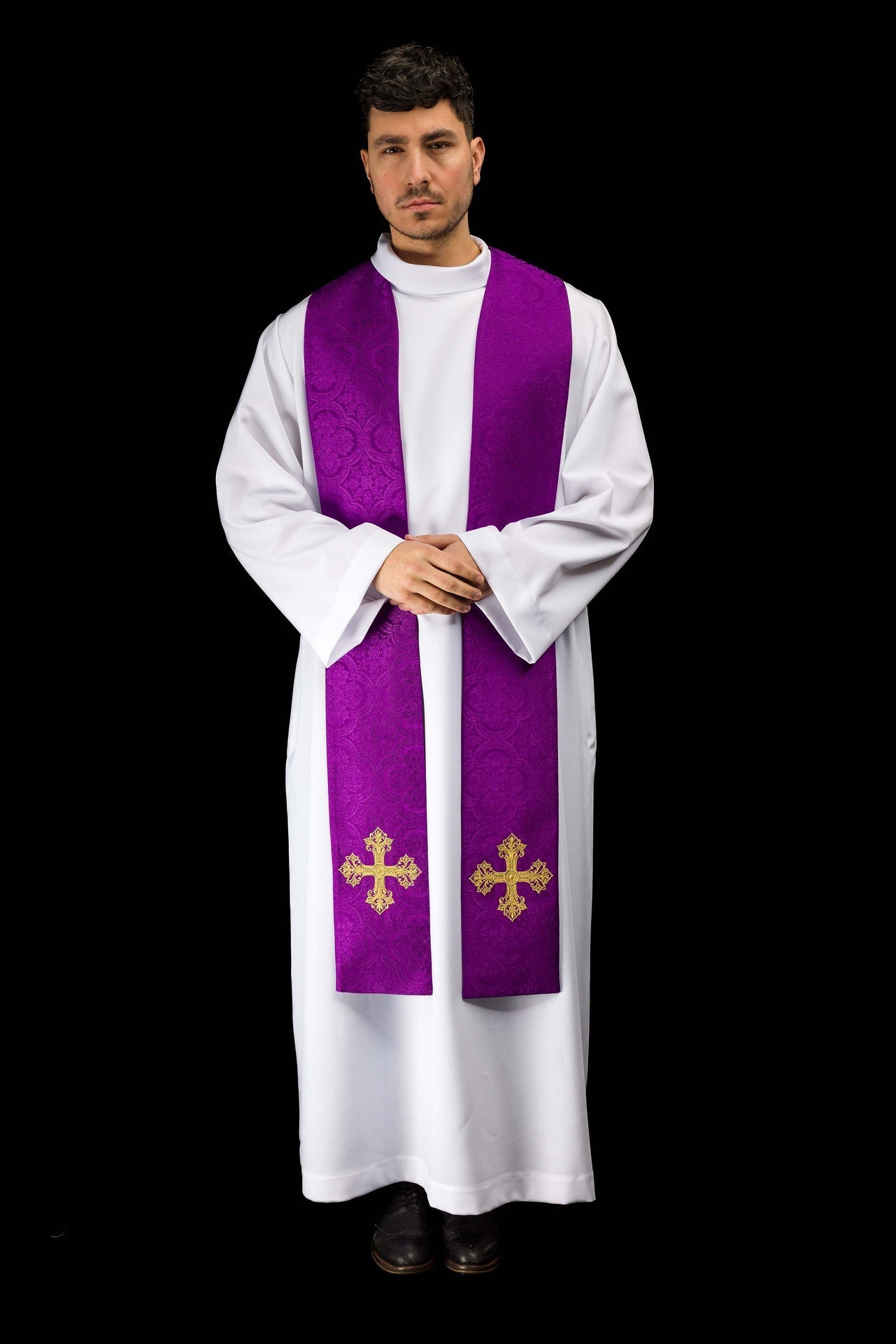 Purple jacquard stole embroidered with a cross motif KST/967/03/11 - CHASUBLES.COM