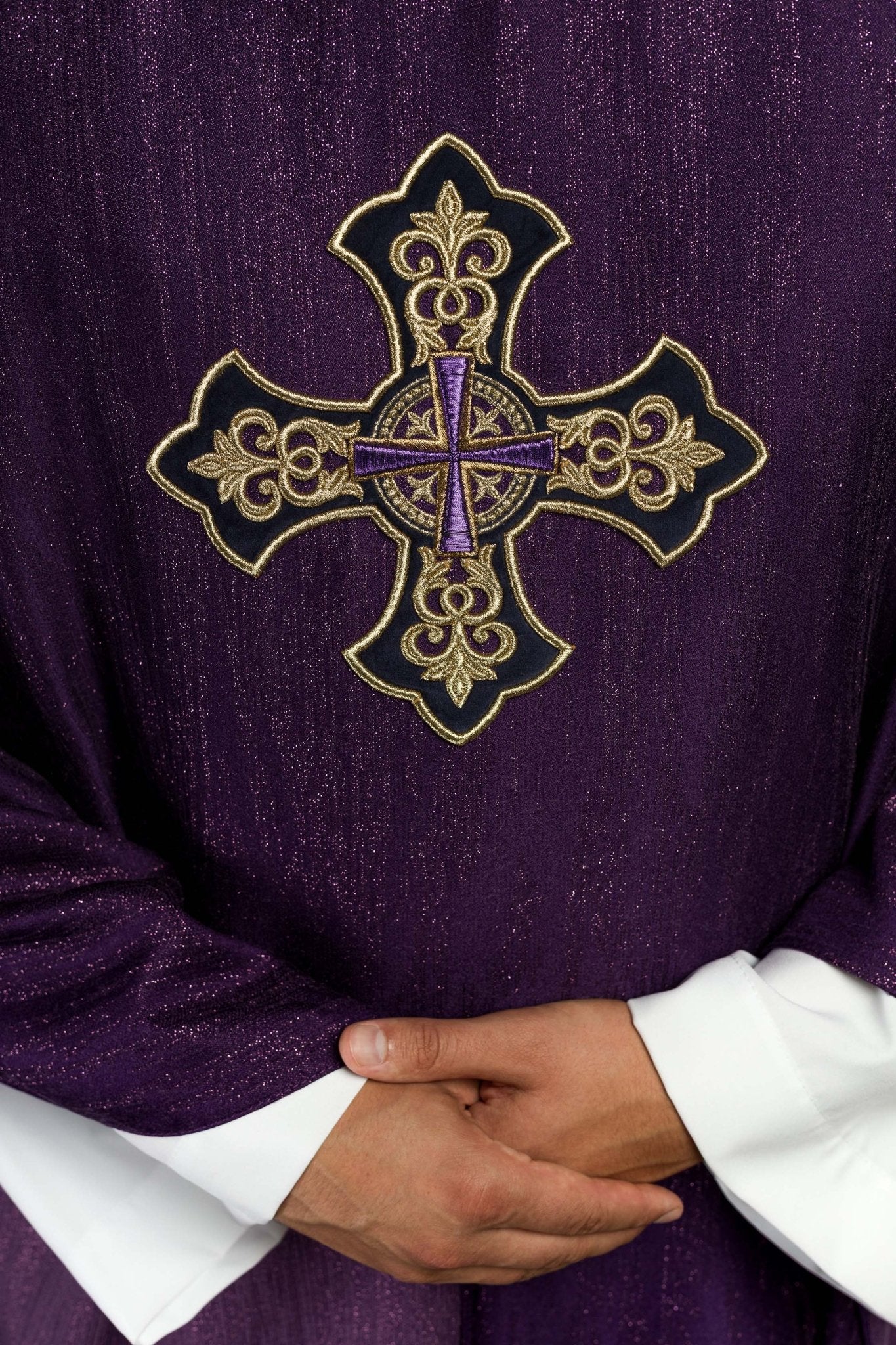 Purple Liturgical Chasuble with Embroidered Cross on Decorative Fabric LE/7036/03 - CHASUBLES.COM