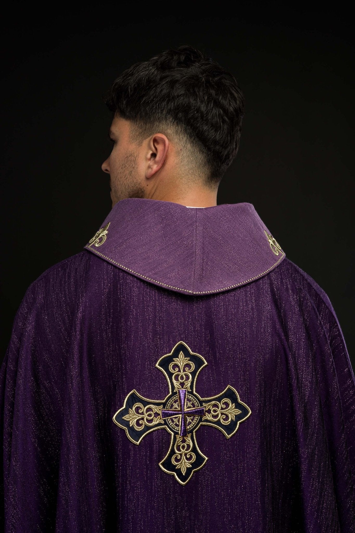 Purple Liturgical Chasuble with Embroidered Cross on Decorative Fabric LE/7036/03 - CHASUBLES.COM