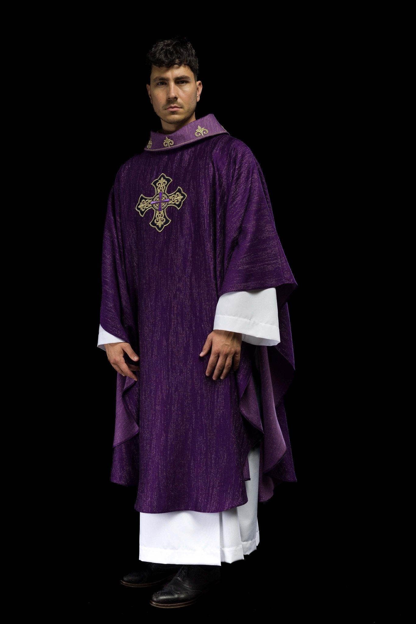 Purple Liturgical Chasuble with Embroidered Cross on Decorative Fabric LE/7036/03 - CHASUBLES.COM