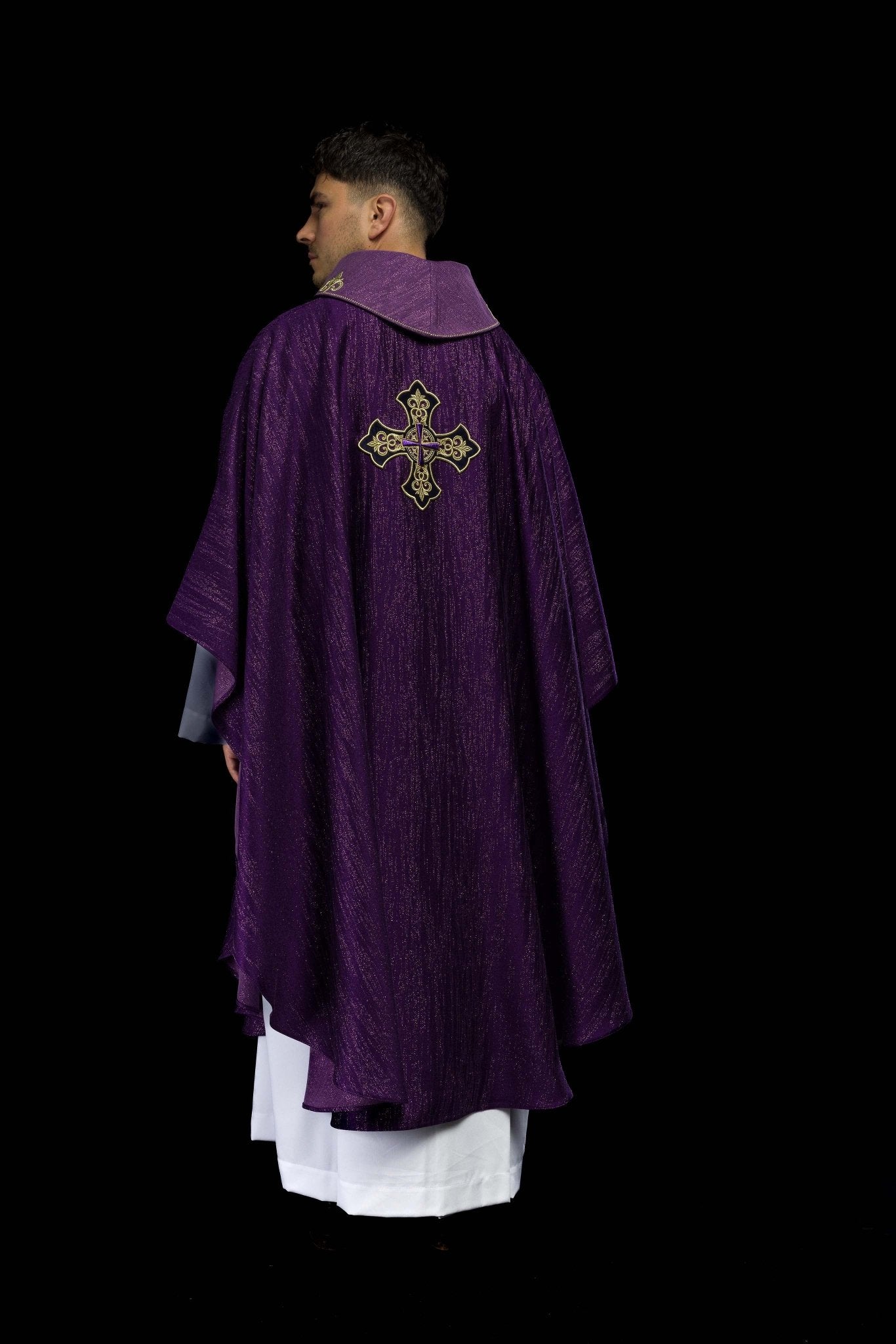 Purple Liturgical Chasuble with Embroidered Cross on Decorative Fabric LE/7036/03 - CHASUBLES.COM