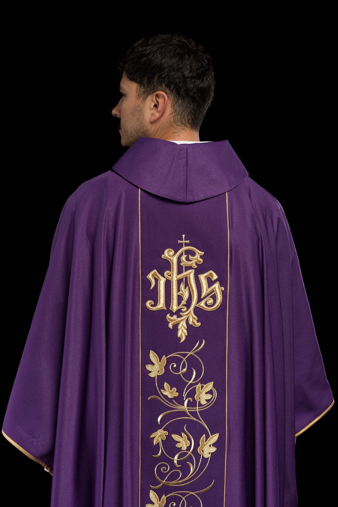 Purple liturgical chasuble with richly decorated belt with floral motif and IHS S-7051-03-53 - CHASUBLES.COM