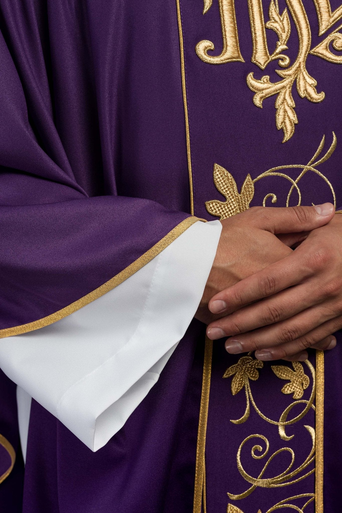 Purple liturgical chasuble with richly decorated belt with floral motif and IHS S-7051-03-53 - CHASUBLES.COM