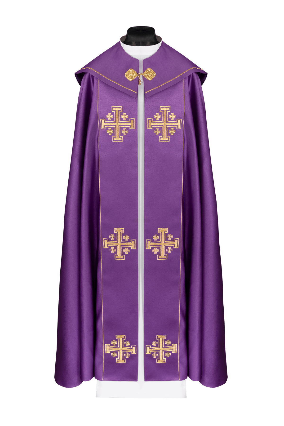 Front view of a purple liturgical cope with band and cross embroidery, featuring four gold crosses