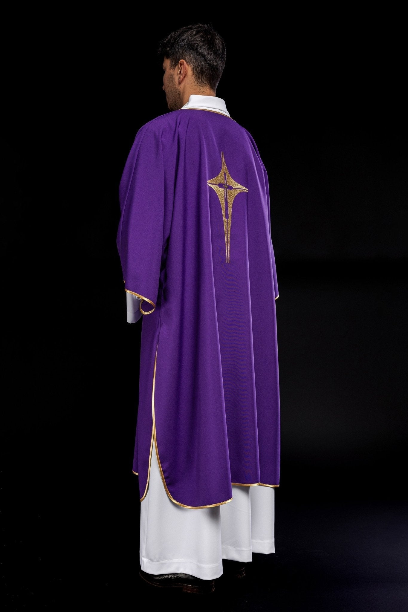 Purple liturgical dalmatic with embroidered gold cross KDL/214/03/12/D - HAFTINAUSA.COM