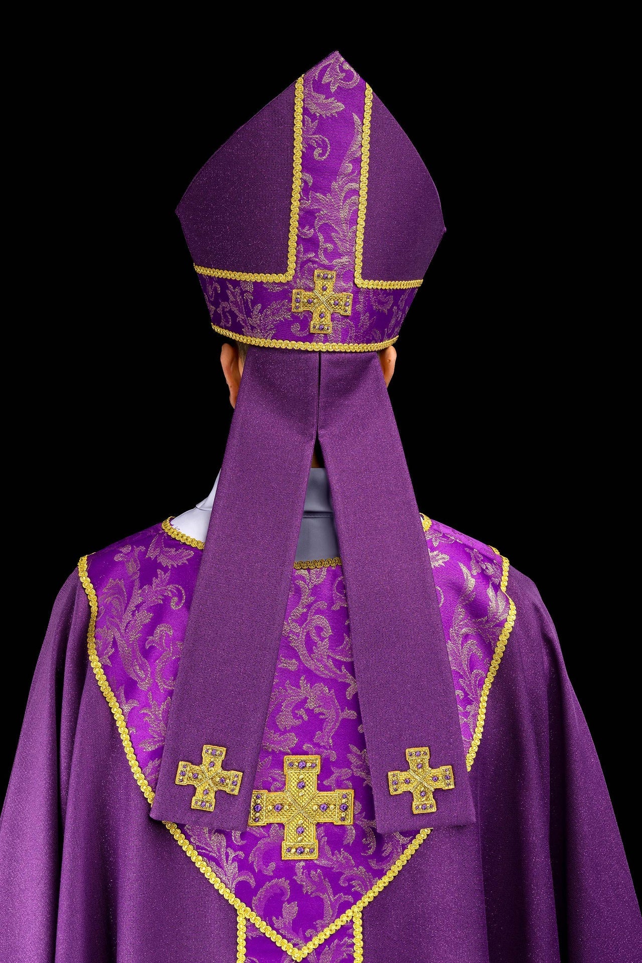 Purple mitre embroidered with a cross decorated with jacquard fabric LE/9075/03-1 - CHASUBLES.COM