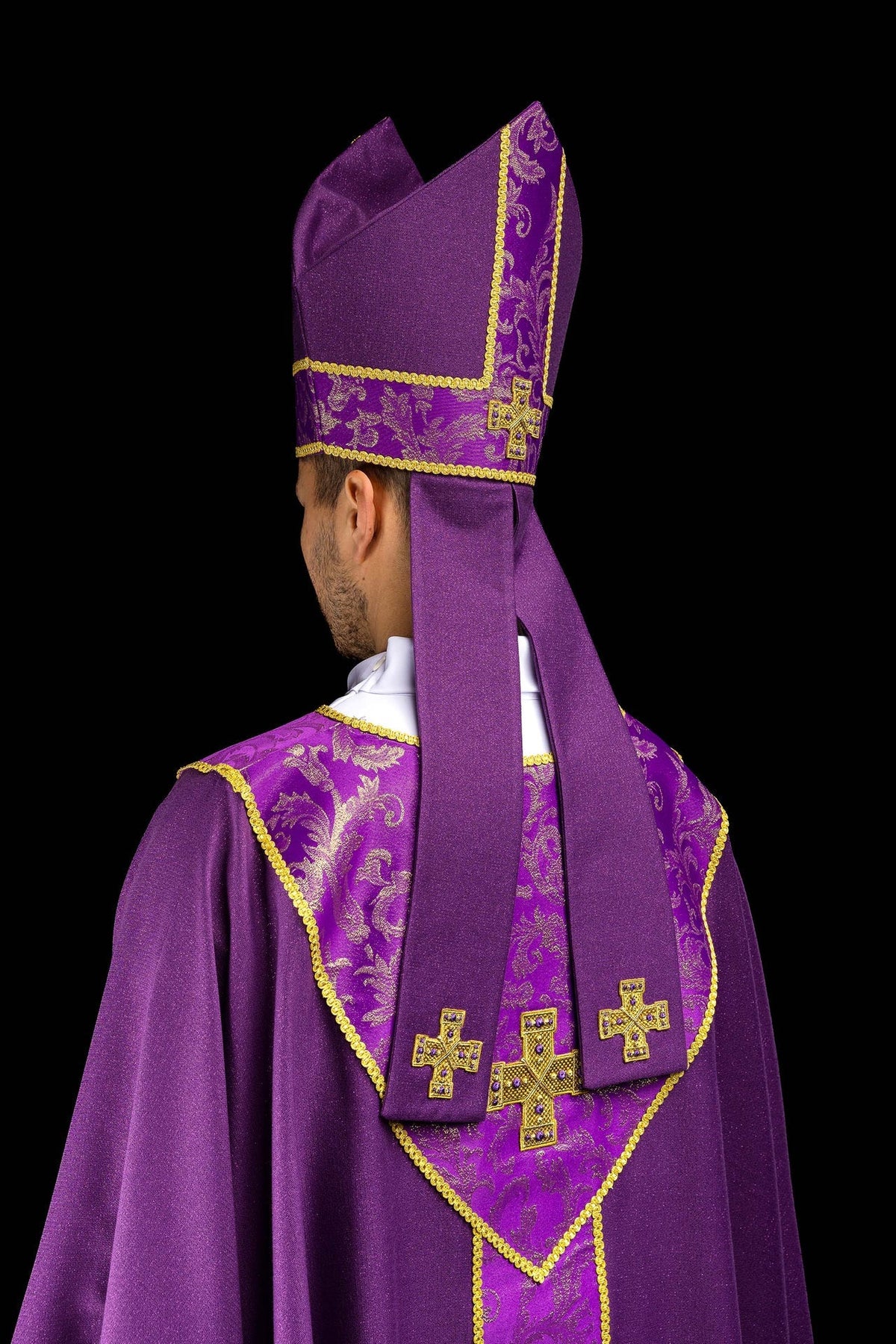 Purple mitre embroidered with a cross decorated with jacquard fabric LE/9075/03-1 - CHASUBLES.COM