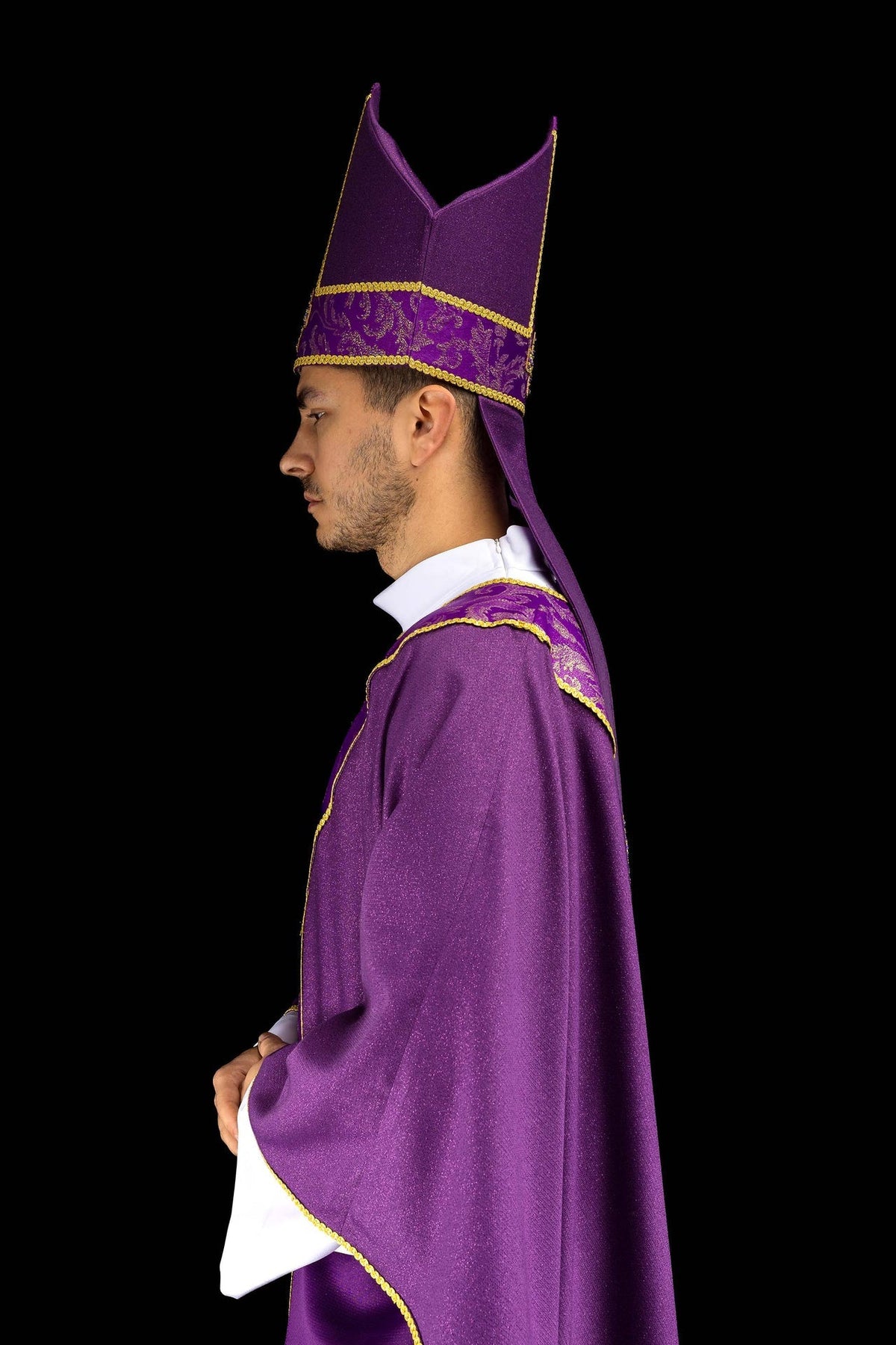 Purple mitre embroidered with a cross decorated with jacquard fabric LE/9075/03-1 - CHASUBLES.COM