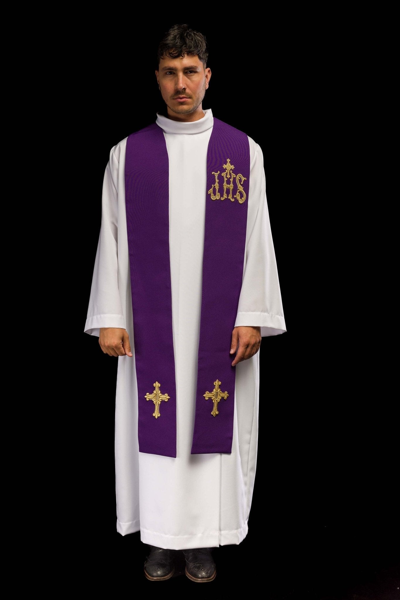 Purple priestly stole embroidered with a cross and IHS KST/157/03/01 FIOLET - HAFTINAUSA.COM