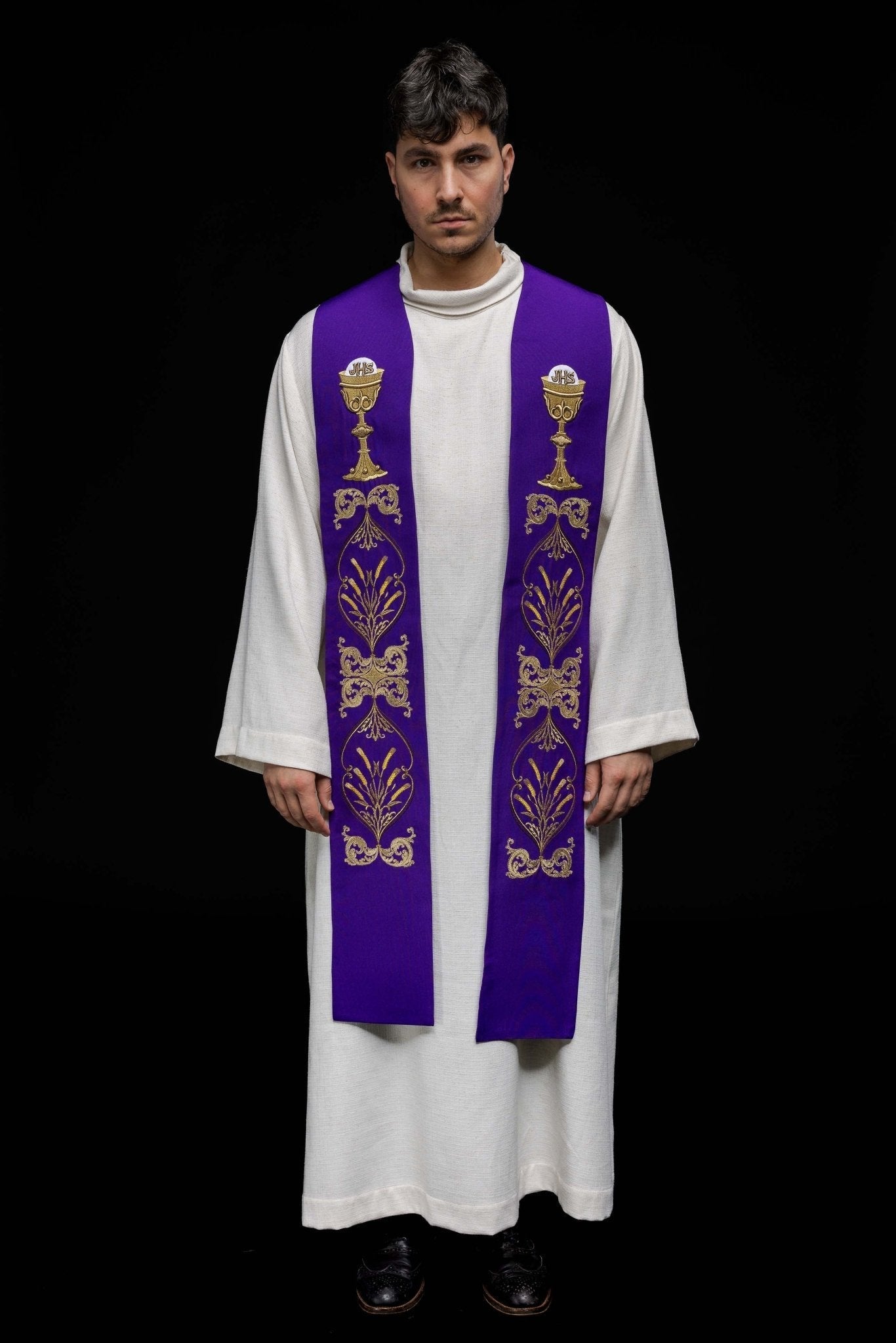 Purple priestly stole with chalice IHS KST/042/03/01 FIOLET - HAFTINAUSA.COM