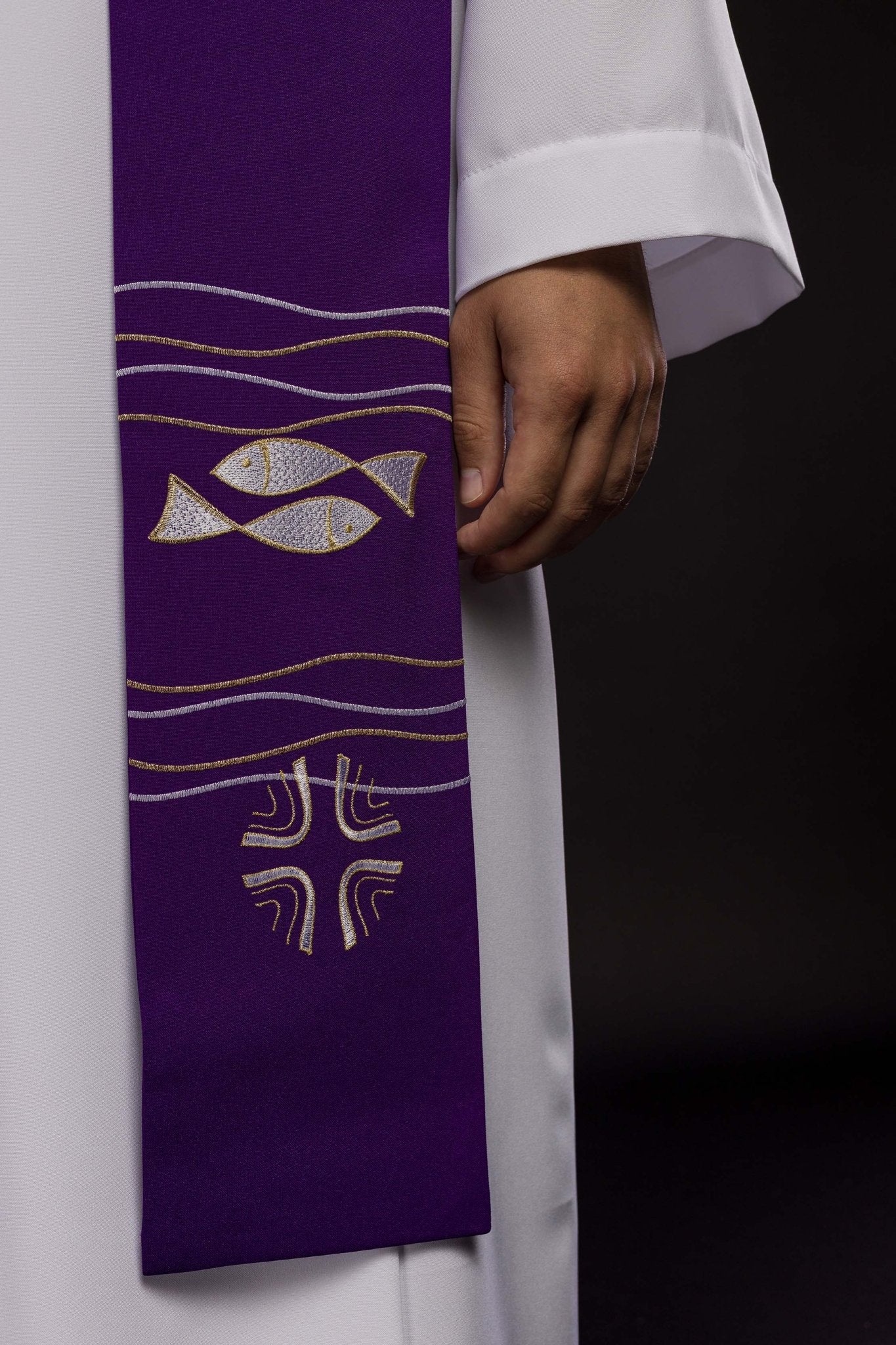Purple priestly stole with embroidered Fish motif KST/022/03/01 FIOLET - HAFTINAUSA.COM