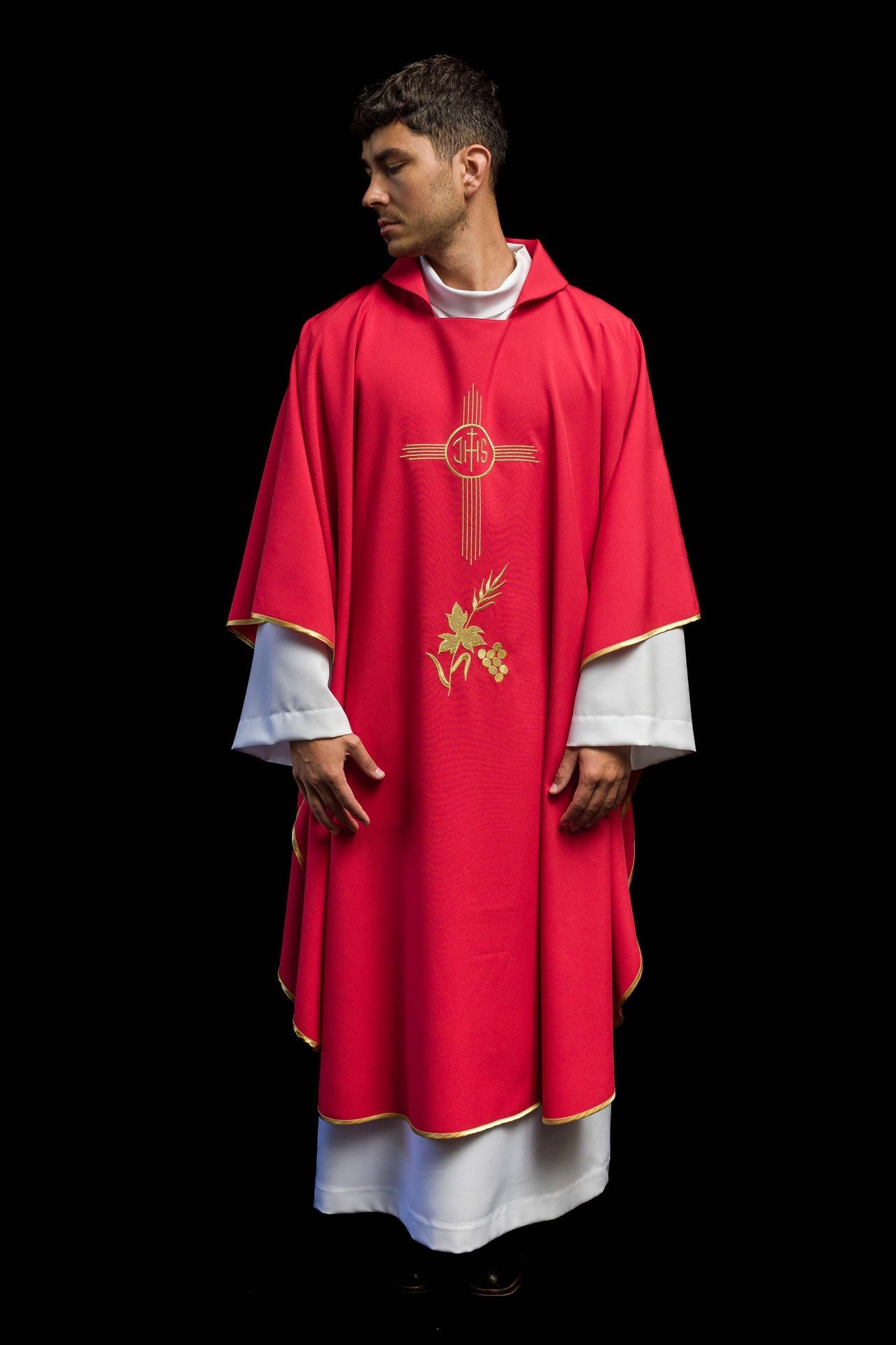 Red Chasuble Embroidered with a Wide Collar and IHS Motif KOR/003/02/12/KARO CZERWONY - CHASUBLES.COM