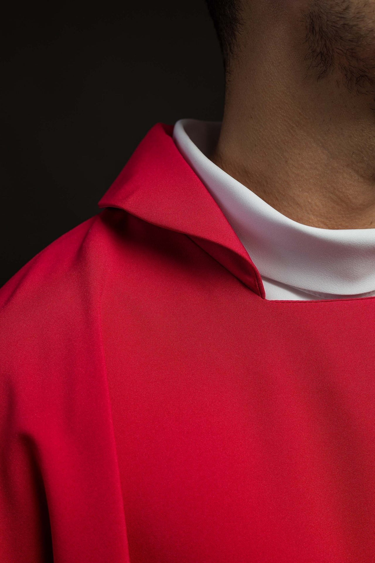 Red Chasuble Embroidered with a Wide Collar and IHS Motif KOR/003/02/12/KARO CZERWONY - CHASUBLES.COM