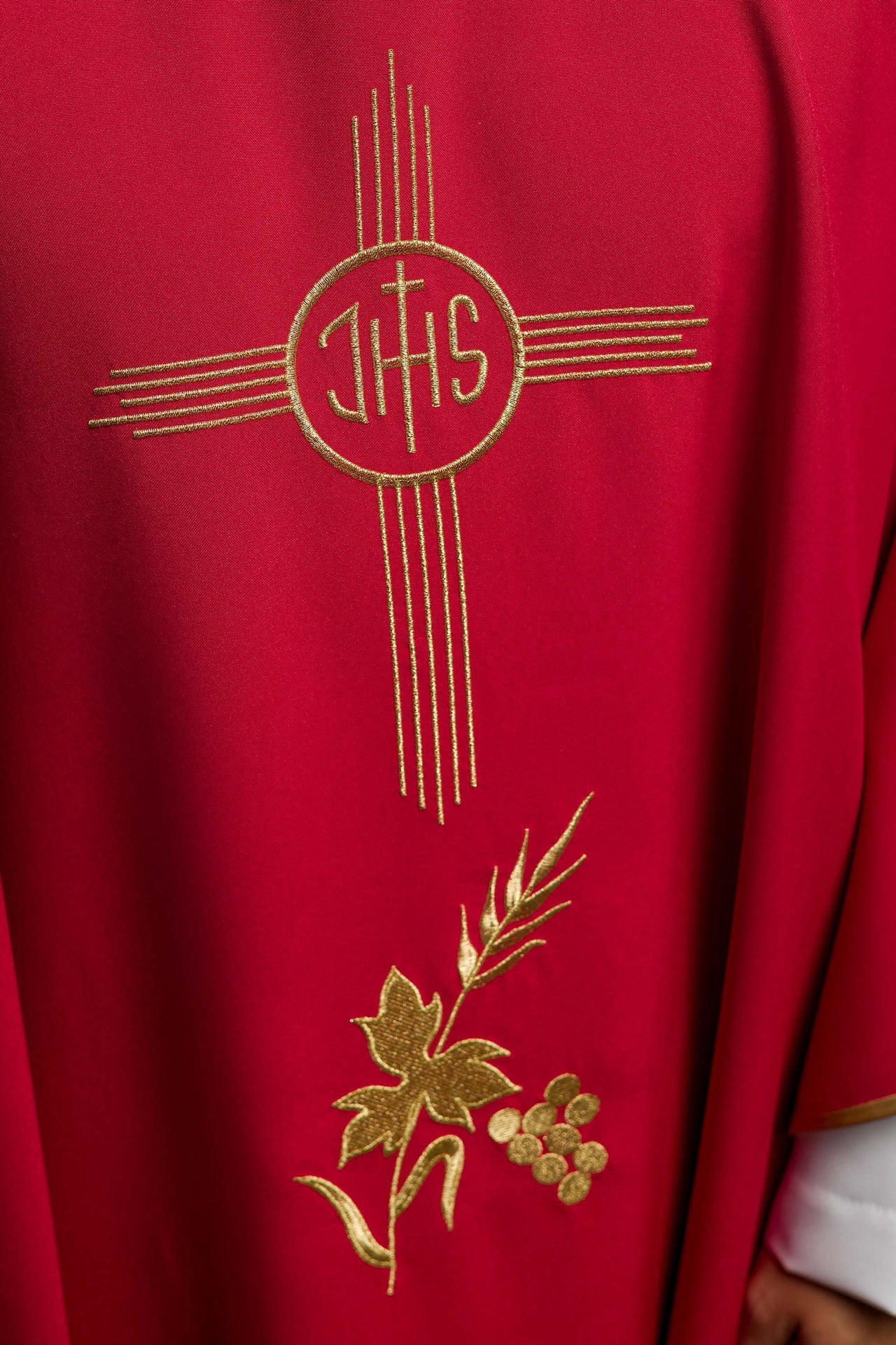 Red Chasuble Embroidered with a Wide Collar and IHS Motif KOR/003/02/12/KARO CZERWONY - CHASUBLES.COM