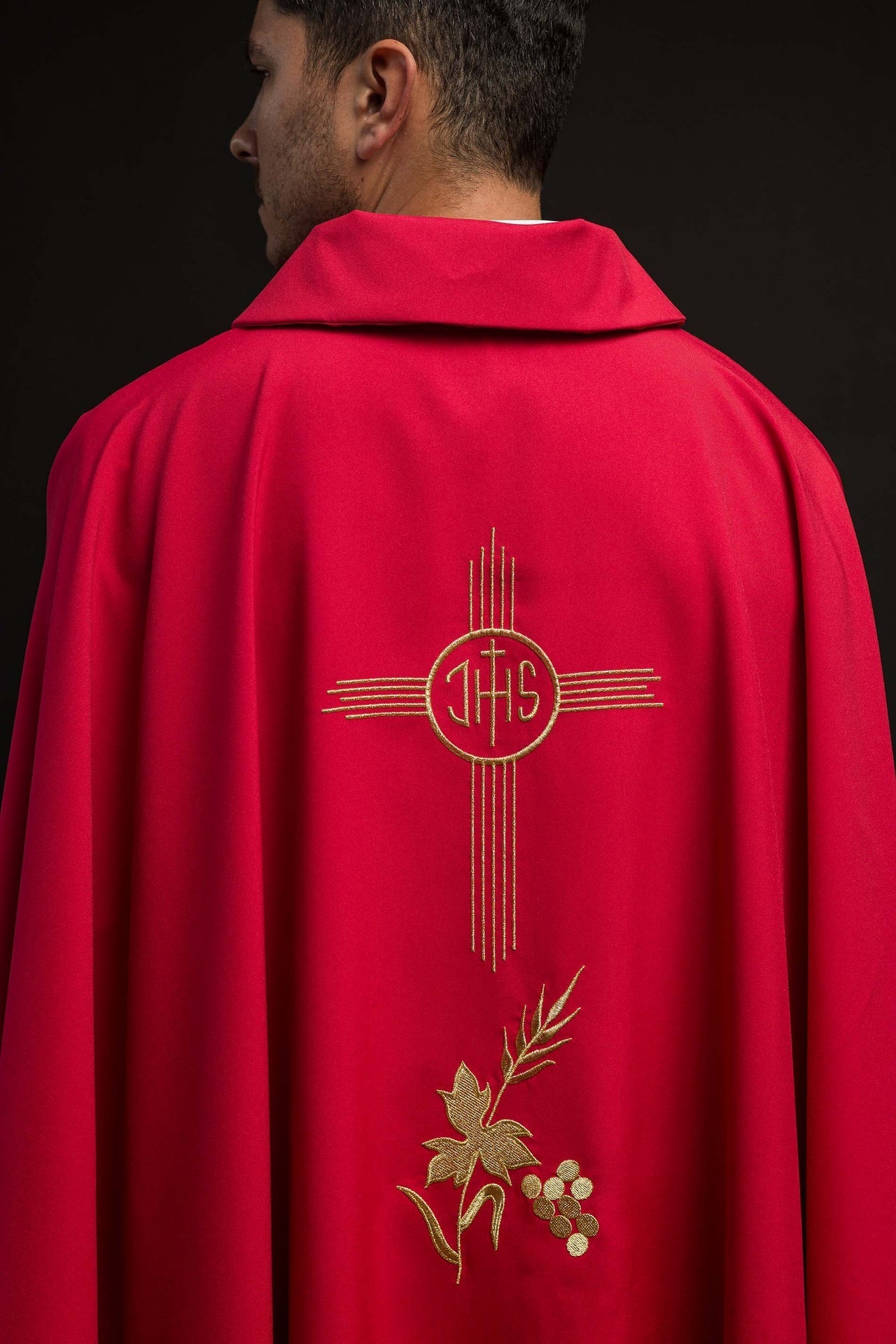 Red Chasuble Embroidered with a Wide Collar and IHS Motif KOR/003/02/12/KARO CZERWONY - CHASUBLES.COM
