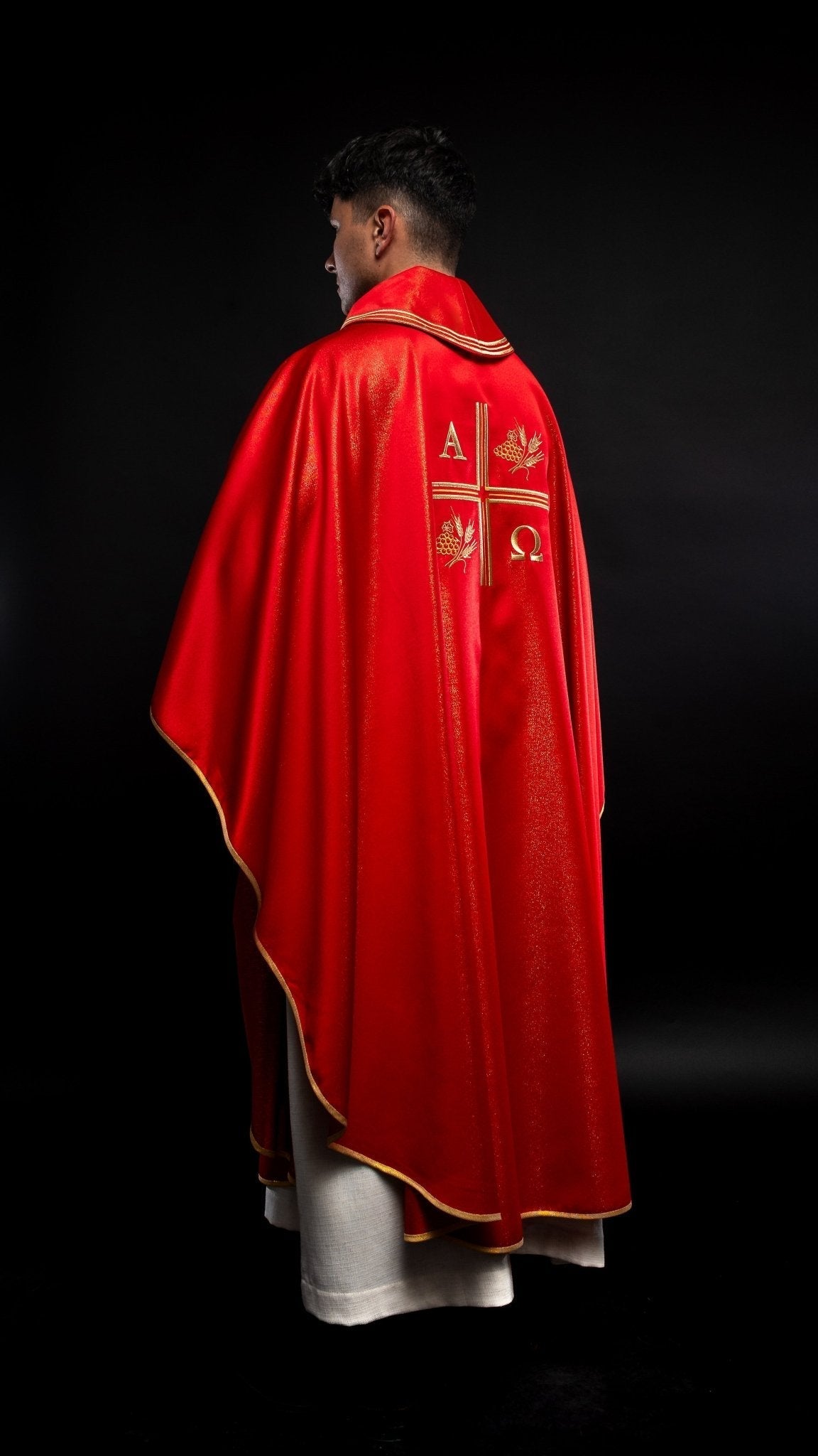 Red chasuble with Alpha and Omega gold embroidery S - 7053 - 02 - 54 - HAFTINAUSA.COM