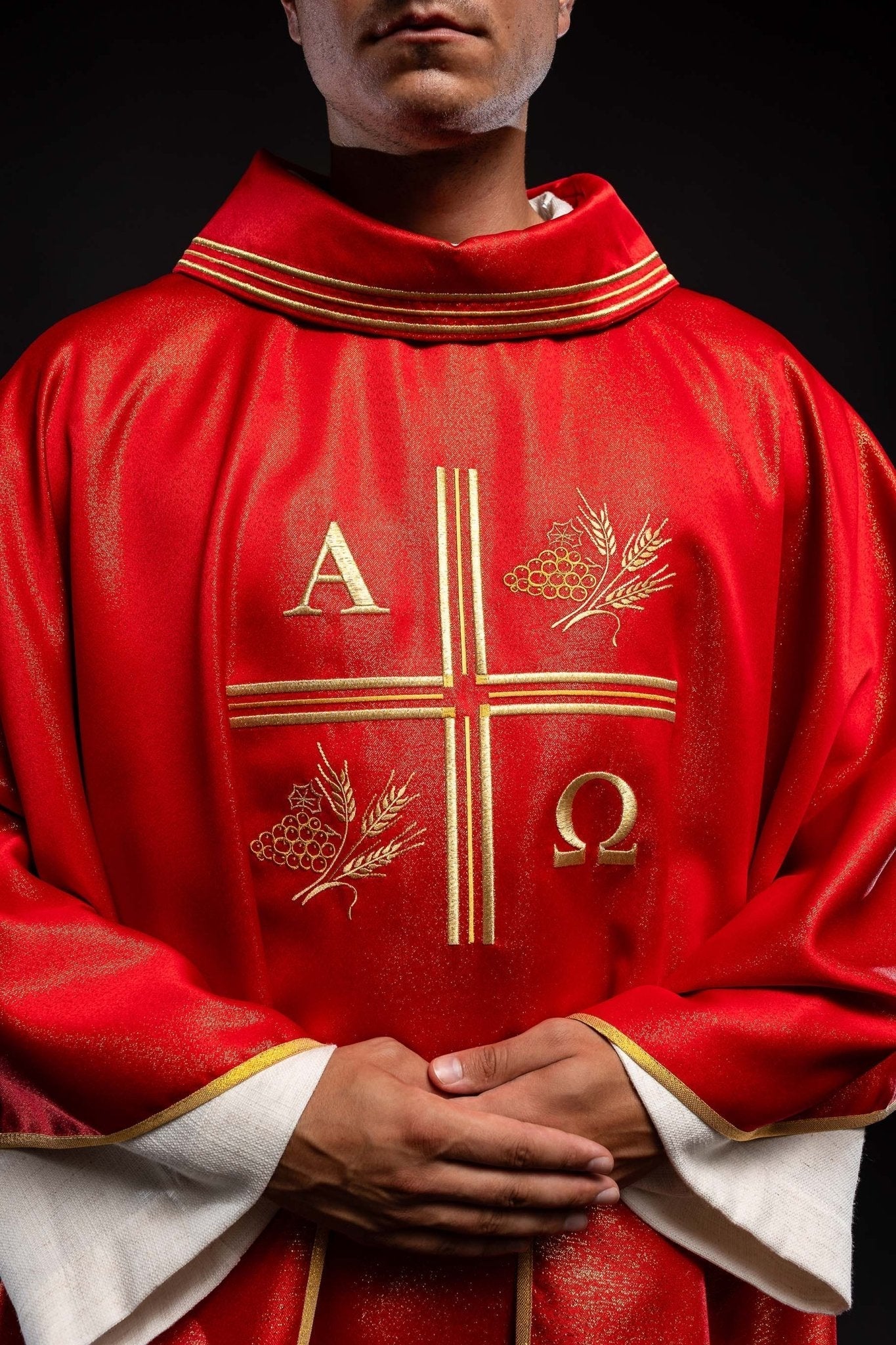 Red chasuble with Alpha and Omega gold embroidery S - 7053 - 02 - 54 - HAFTINAUSA.COM