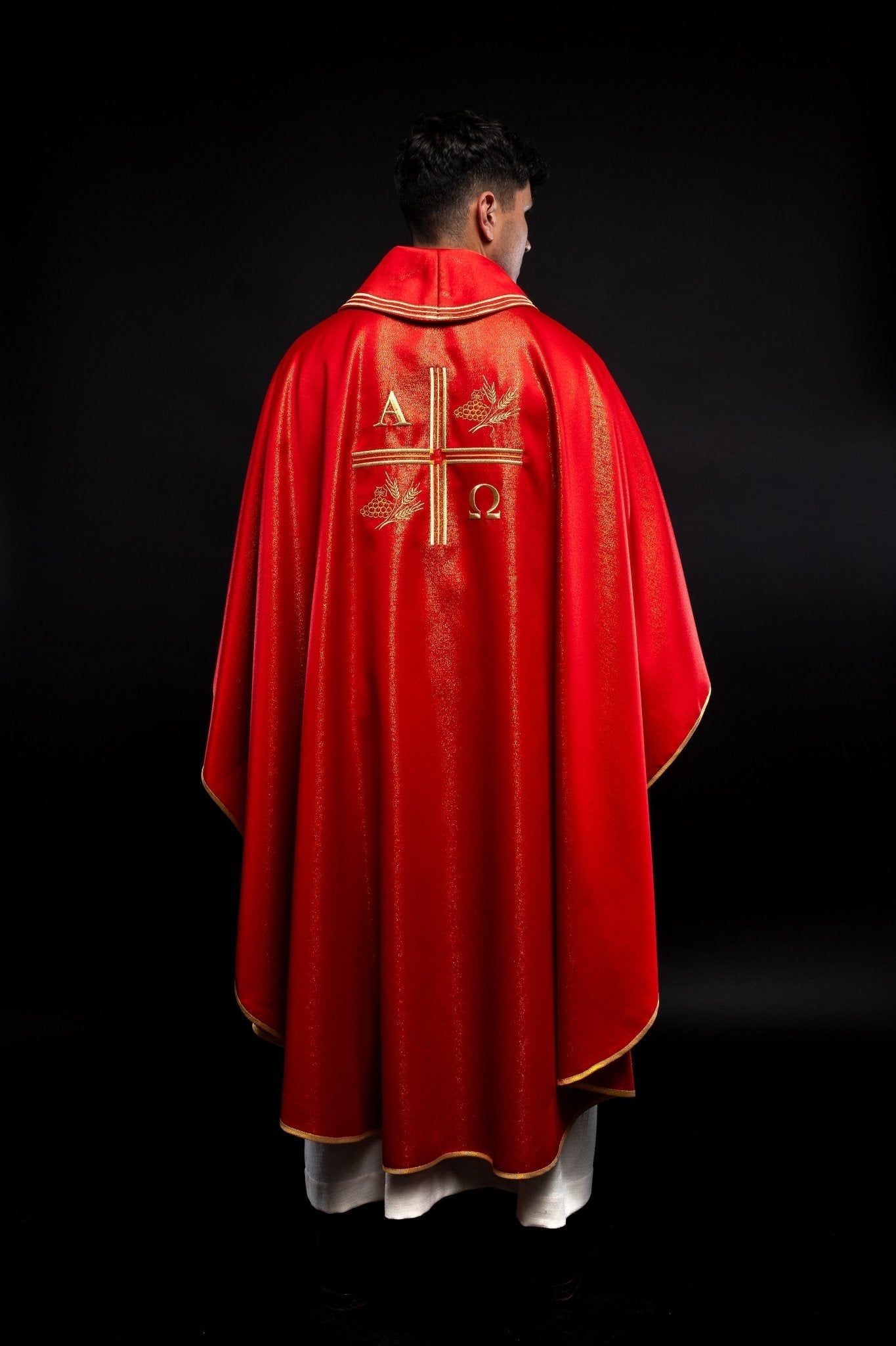 Red chasuble with Alpha and Omega gold embroidery S - 7053 - 02 - 54 - HAFTINAUSA.COM