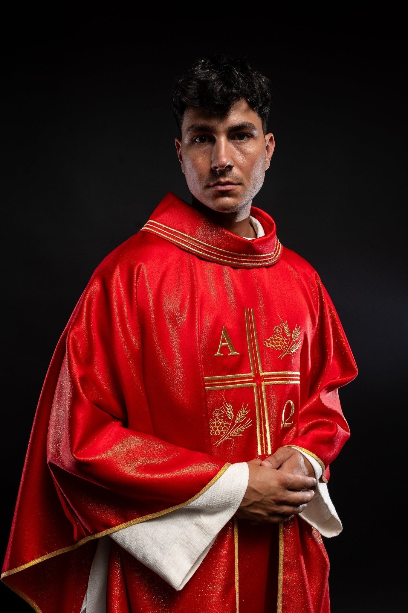 Red chasuble with Alpha and Omega gold embroidery S - 7053 - 02 - 54 - HAFTINAUSA.COM