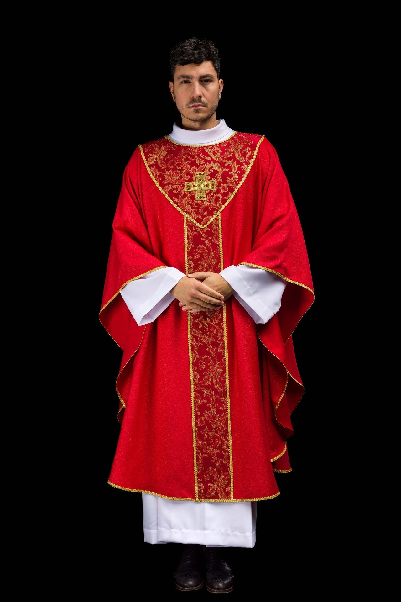 Red Chasuble with Cross Adorned with Jacquard Fabric LE/7075/02 - CHASUBLES.COM