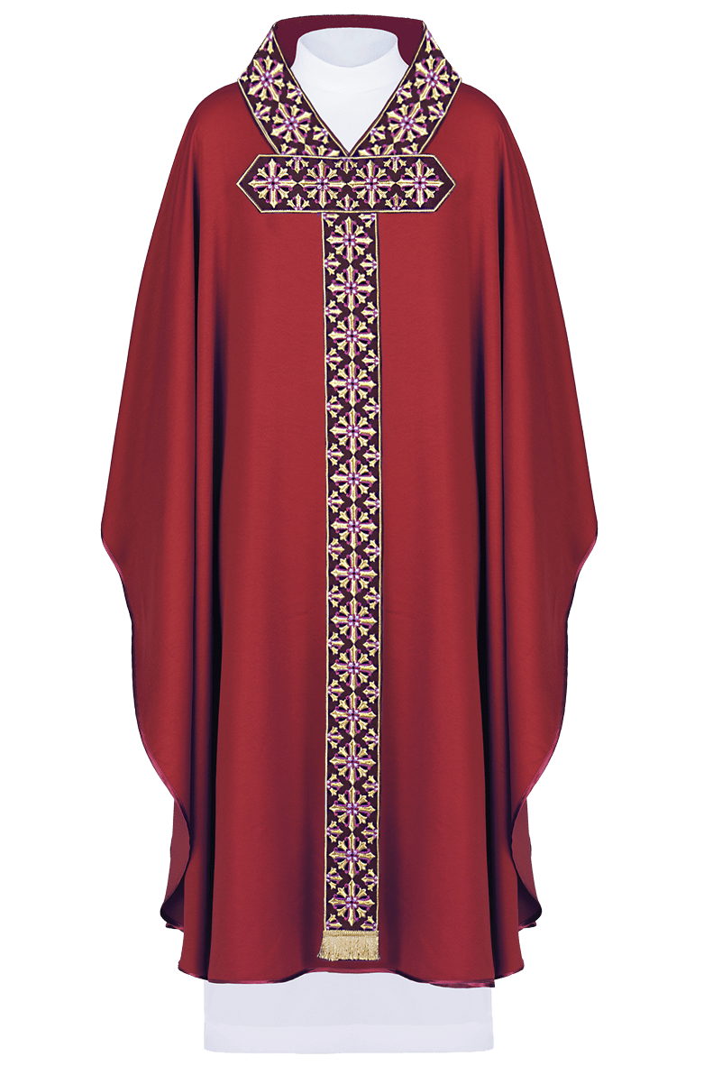 Red chasuble with cross neck and shiny embroidery LE/7026/02 - HAFTINAUSA.COM