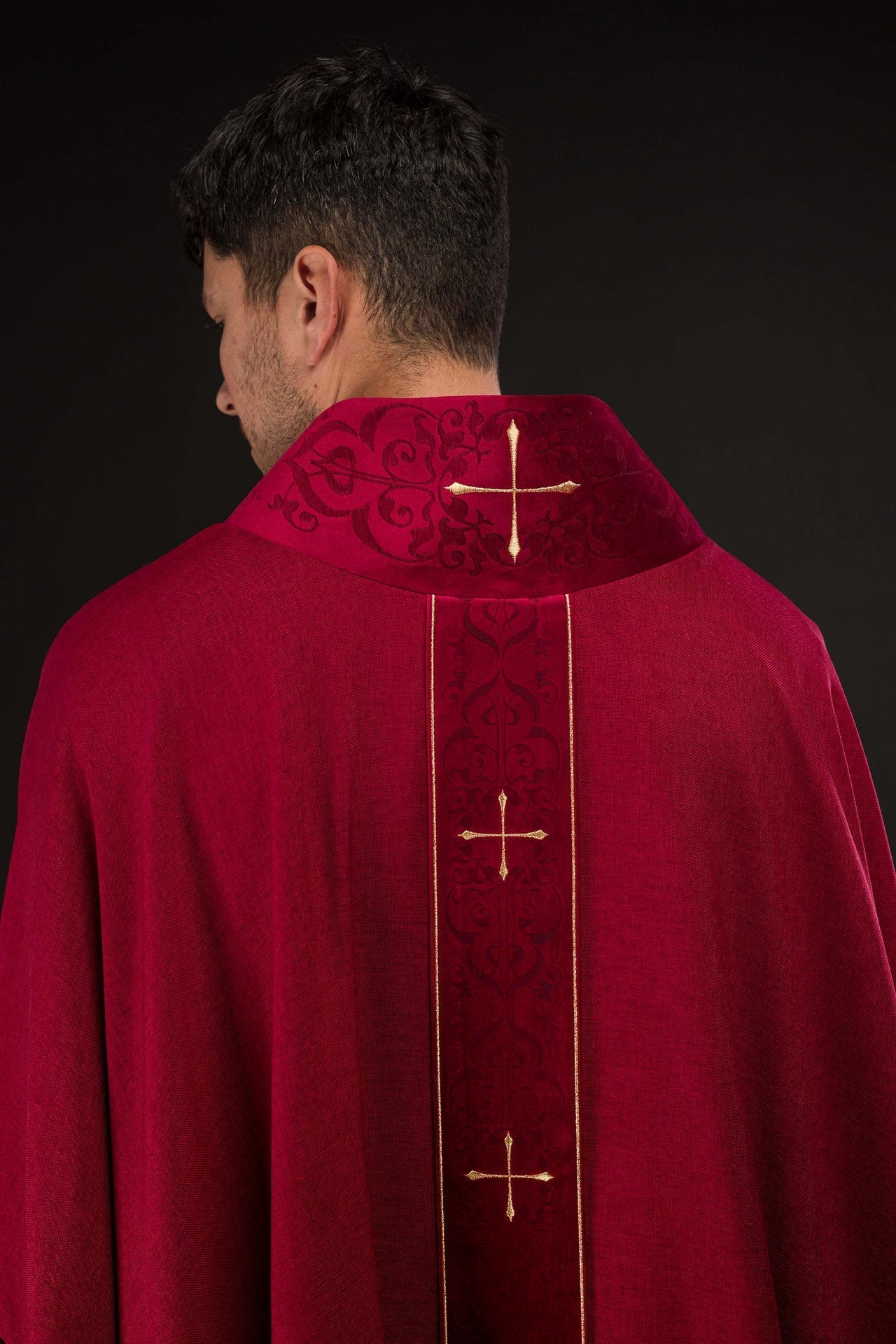 Red Chasuble with Embroidered Cross Band and Collar LE/7073/02 - CHASUBLES.COM